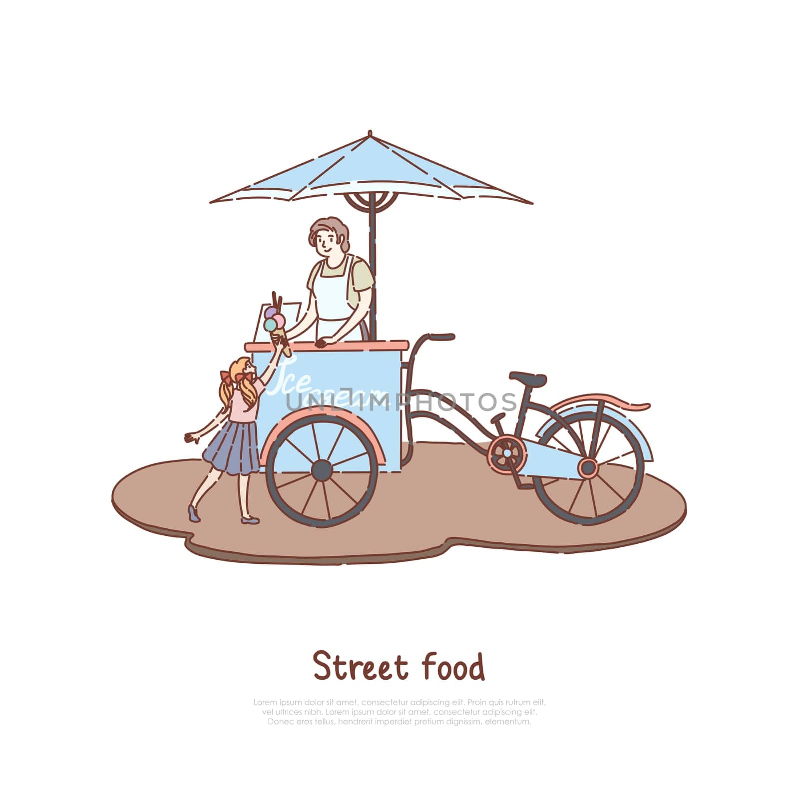 Woman in apron selling sweet dessert, vendor and little child, delicious dairy, summer refreshment, street food banner. Ice cream bicycle, trolley concept cartoon sketch. Flat vector illustration