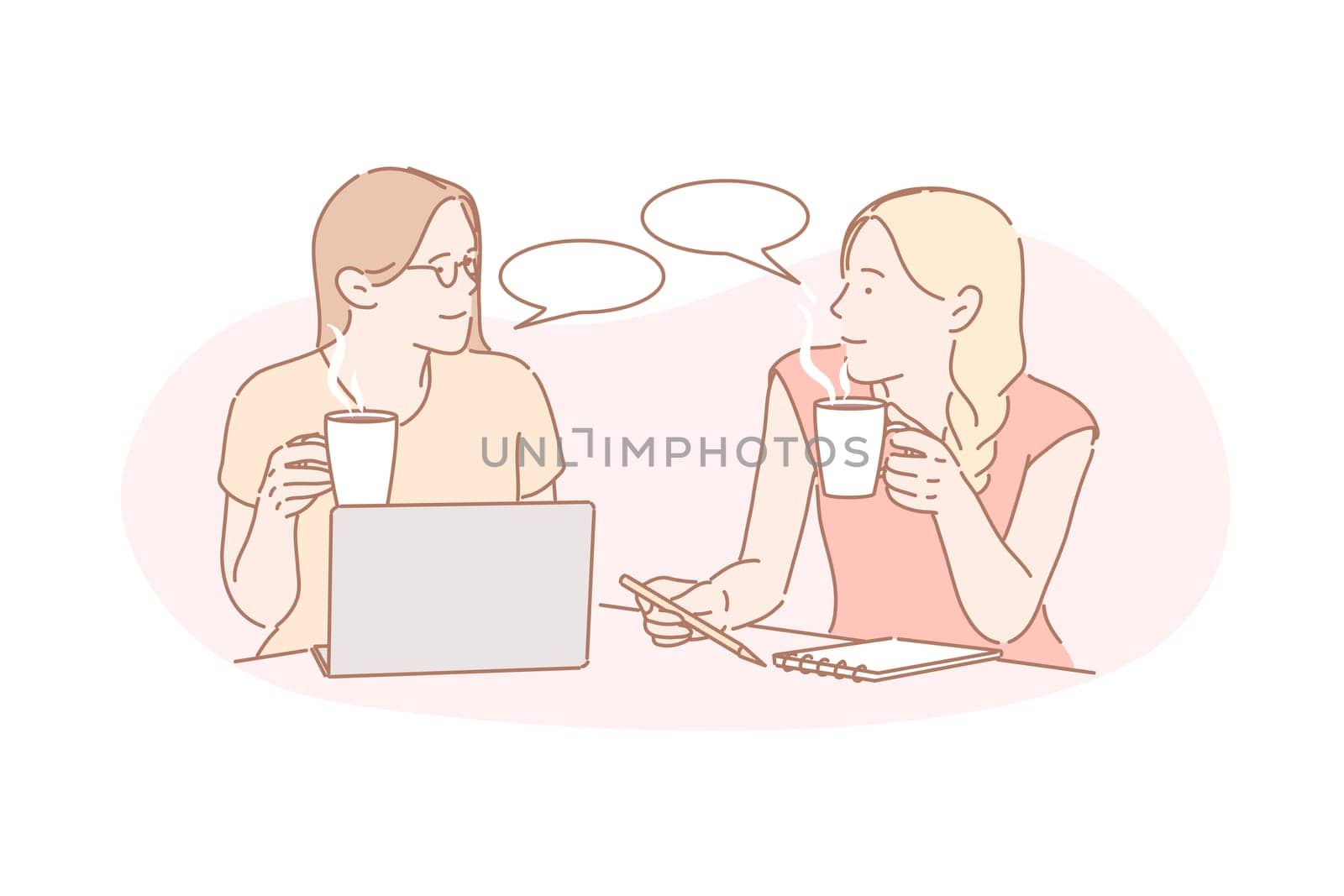 Communication, coworking, friendship concept. Businesswoman communicate with other one. Two girls coworkers on business project in office. Real friendship between two women. Simple flat vector