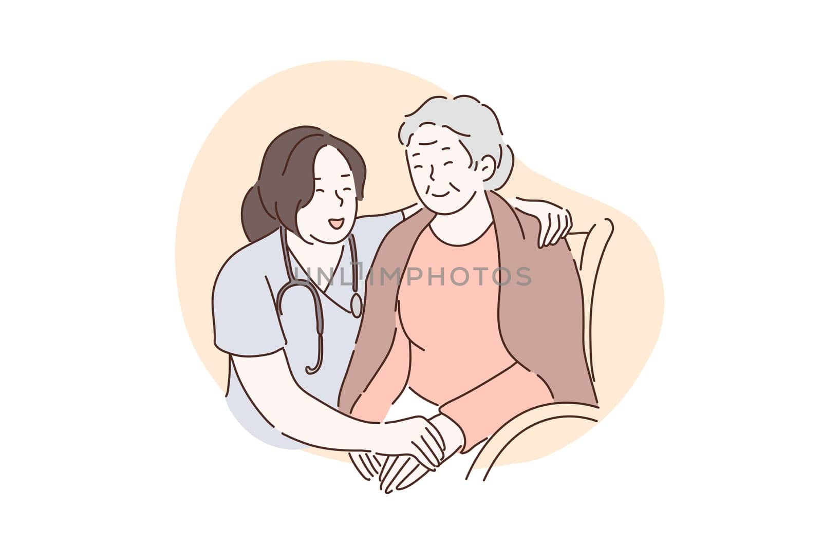 Nursing home, hospital, hospice, rehabilitation concept. Happy old woman holding hands with nurse together. The doctor in the clinic takes care, helps and supports patients. Vector flat design.