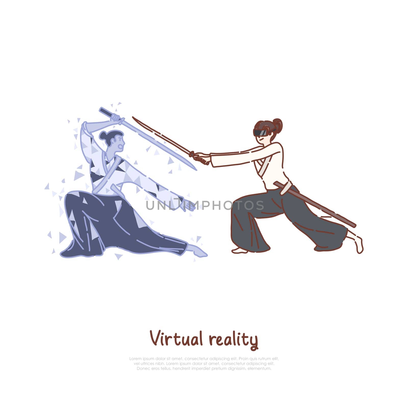 Entertainment technology, woman in headset, samurai hologram holding weapon, training program, VR video game banner. Sword fight in virtual reality concept cartoon sketch. Flat vector illustration