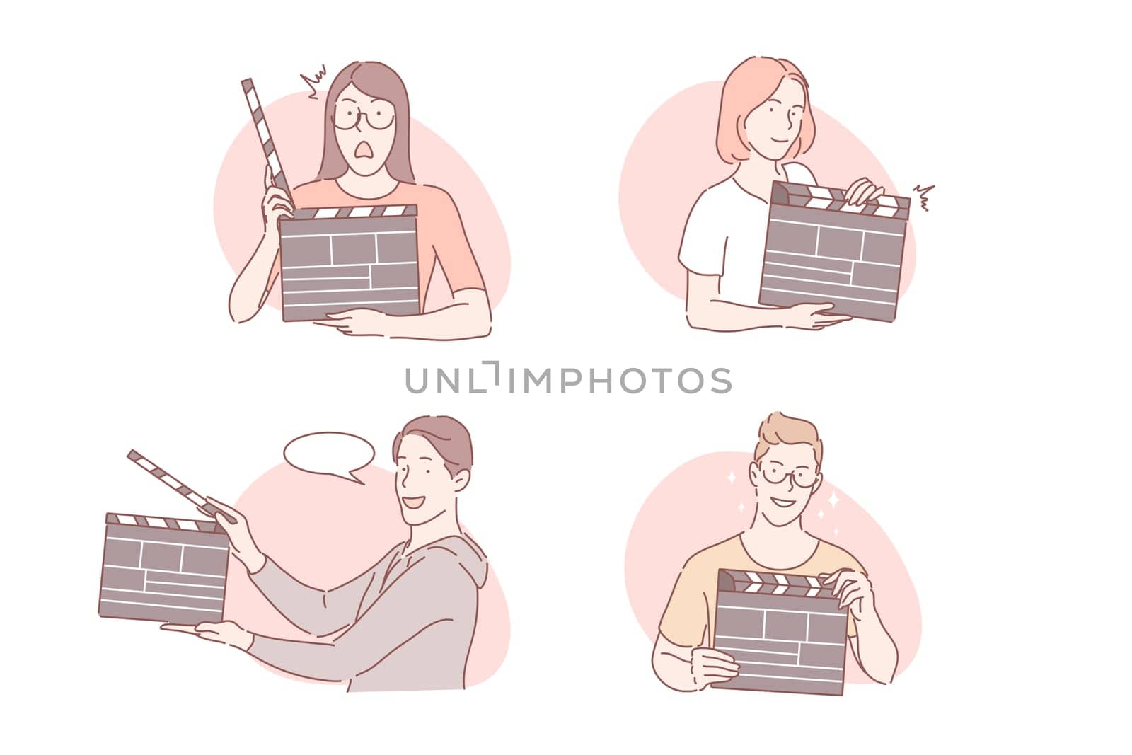 Shot, clapperboard, film production set concept. Young men and women hold clapperboard in their hands during shots. Happy boys and girls take part in film, clip, movie production. Simple flat vector