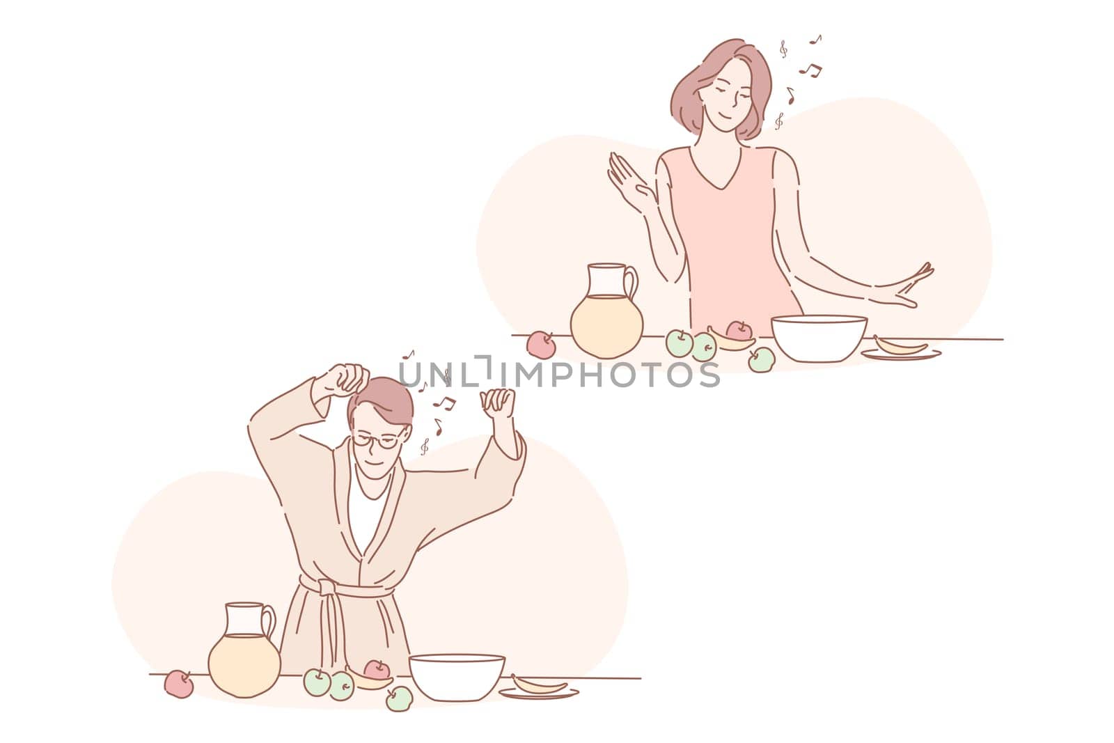 Healthy vegan food, breakfast, good day set. Young woman is making breakfast with health nutrition and dancing. Happy man has new good day and likes vegan or vegetarian food. Simple flat vector