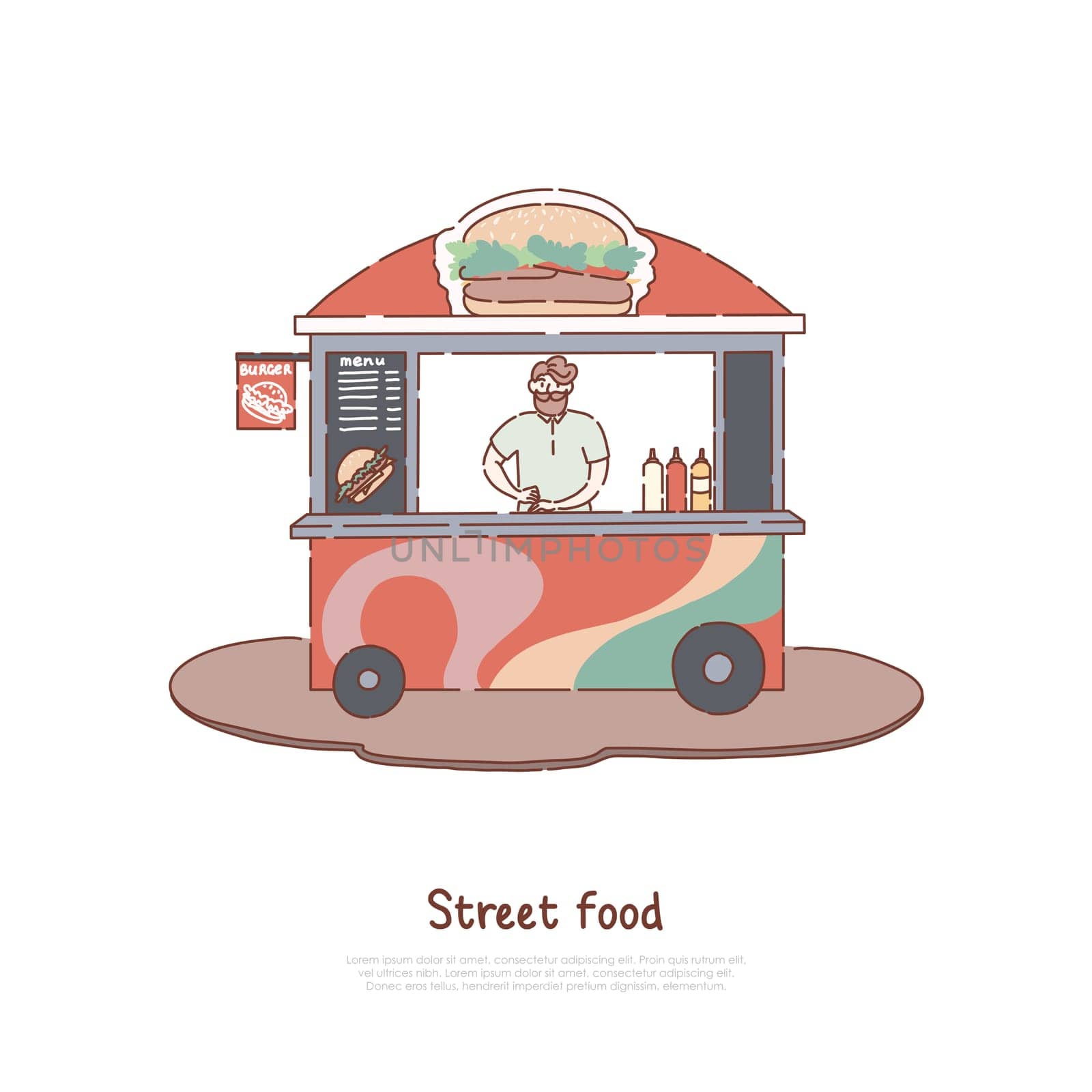 Man selling fresh juice, summer refreshment, vendor and happy customer, street food stall, take away service, juice kiosk banner. Lemonade sale booth concept cartoon sketch. Flat vector illustration