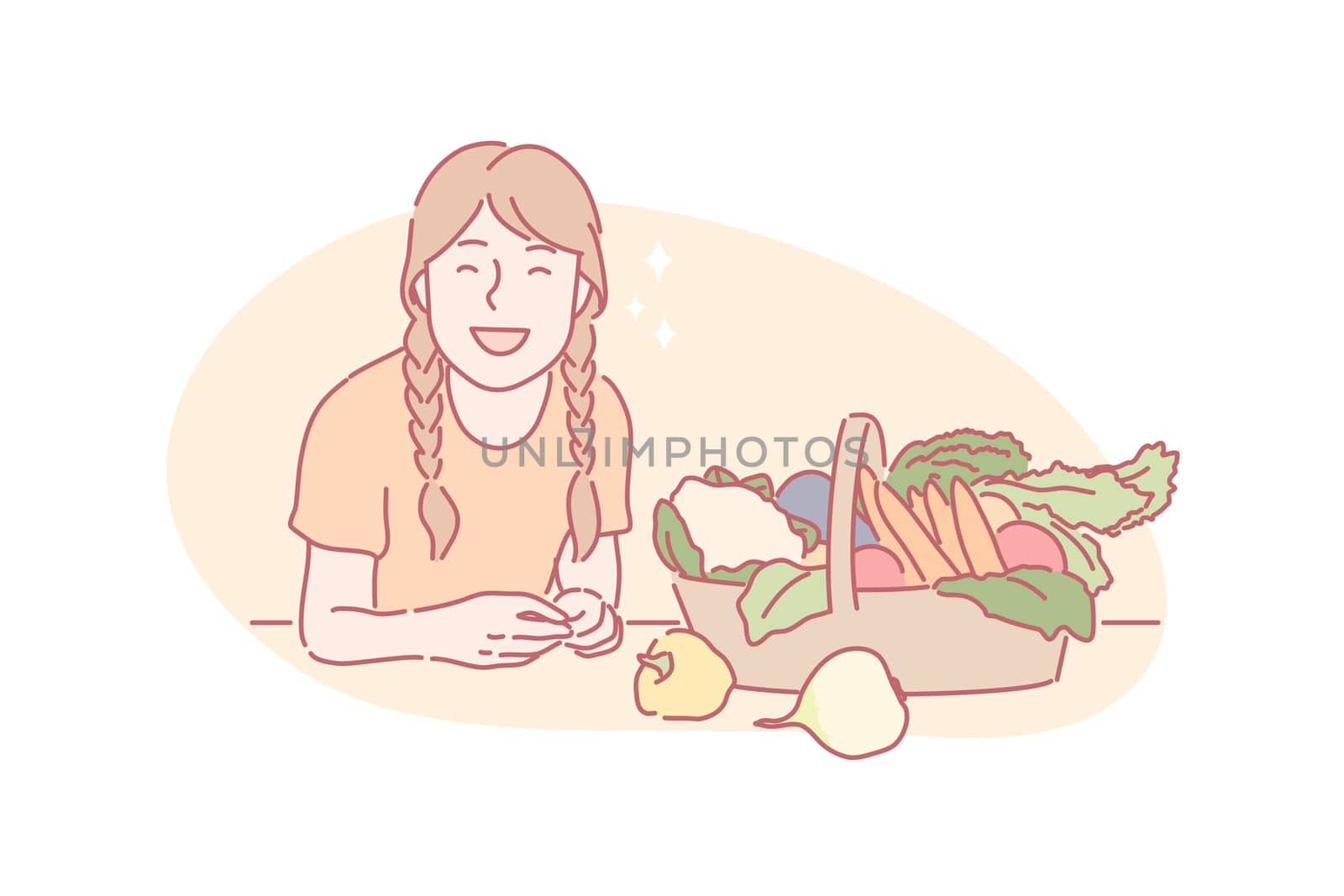 Harvesting, eco vegan food concept. Happy girl sits near basket of vegetarian food. Basket of vegetables was brought by child from harvesting. Kid likes healthy nutrition. Simple flat vector