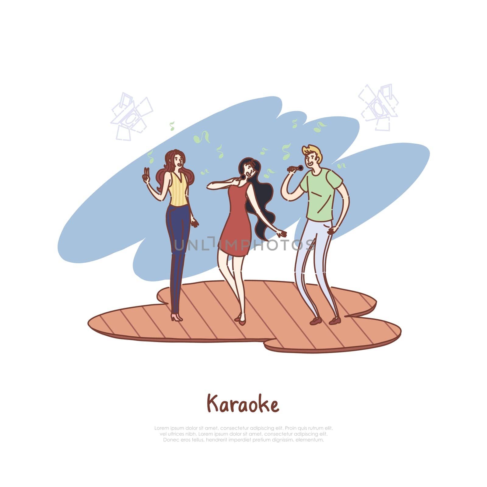 Happy people with microphones, friends group leisure, entertainment, song competition, musical party banner. Karaoke performance, singers on stage concept cartoon sketch. Flat vector illustration