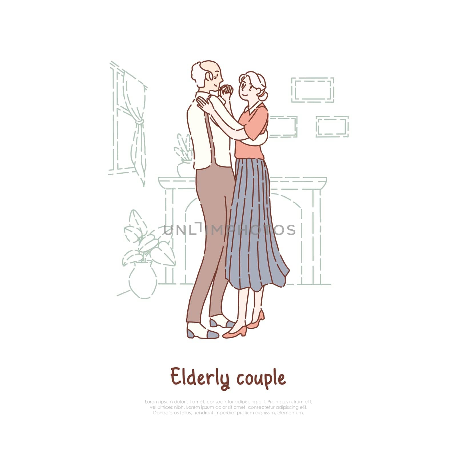 Married elderly couple, old husband and wife waltzing, positive lifestyle, happy retirement, nursing home banner. Pensioners pair dancing together concept cartoon sketch. Flat vector illustration