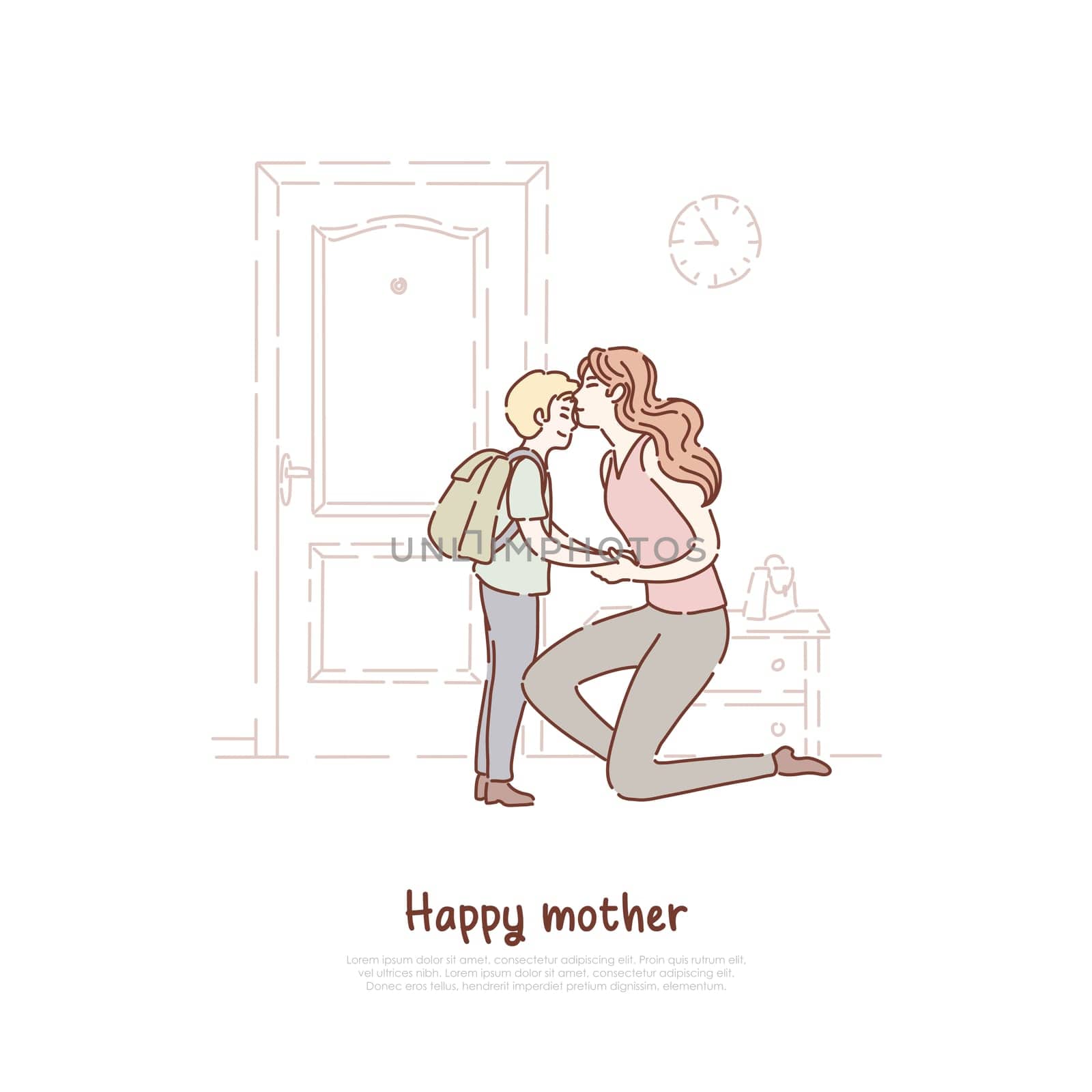 Young woman kiss little child, parent send off kid with backpack to school, family love, childcare, motherhood, parenting banner. Happy mother with son concept cartoon sketch. Flat vector illustration