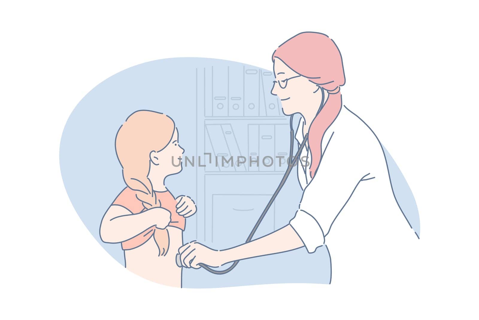 Pediatric care, health, medicine concept. Young woman pediatrician examinates child. Girl pediatrics doctor checks kids health. Medical worker listens girls heart beating. Simple flat vector