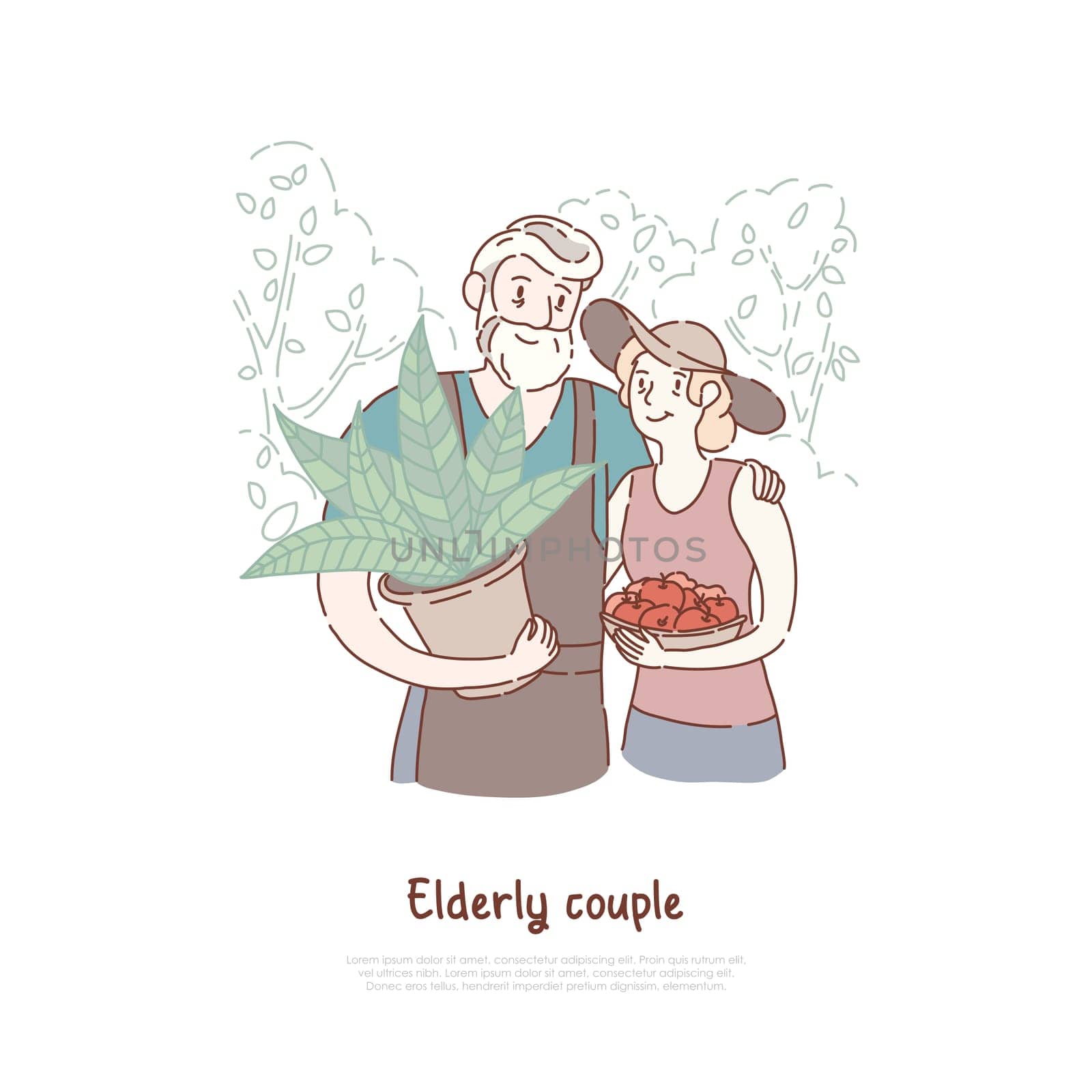 Happy old people, gardeners pair planting fruits and vegetables, woman holding fresh apples, rural lifestyle, husbandry banner. Elderly couple farmers concept cartoon sketch. Flat vector illustration