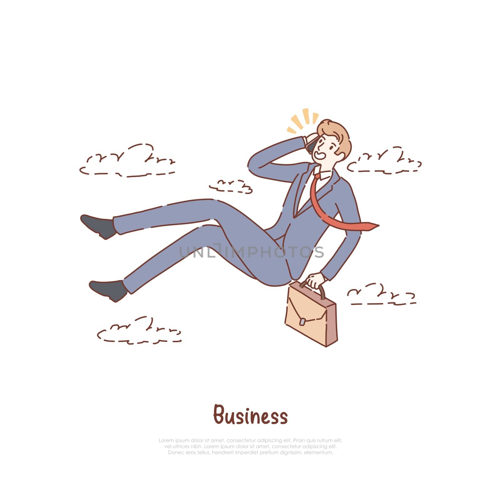 Unemployed office worker in free fall, businessman with suitcase talking on phone, business conversation banner. Entrepreneurship, job search metaphor concept cartoon sketch. Flat vector illustration
