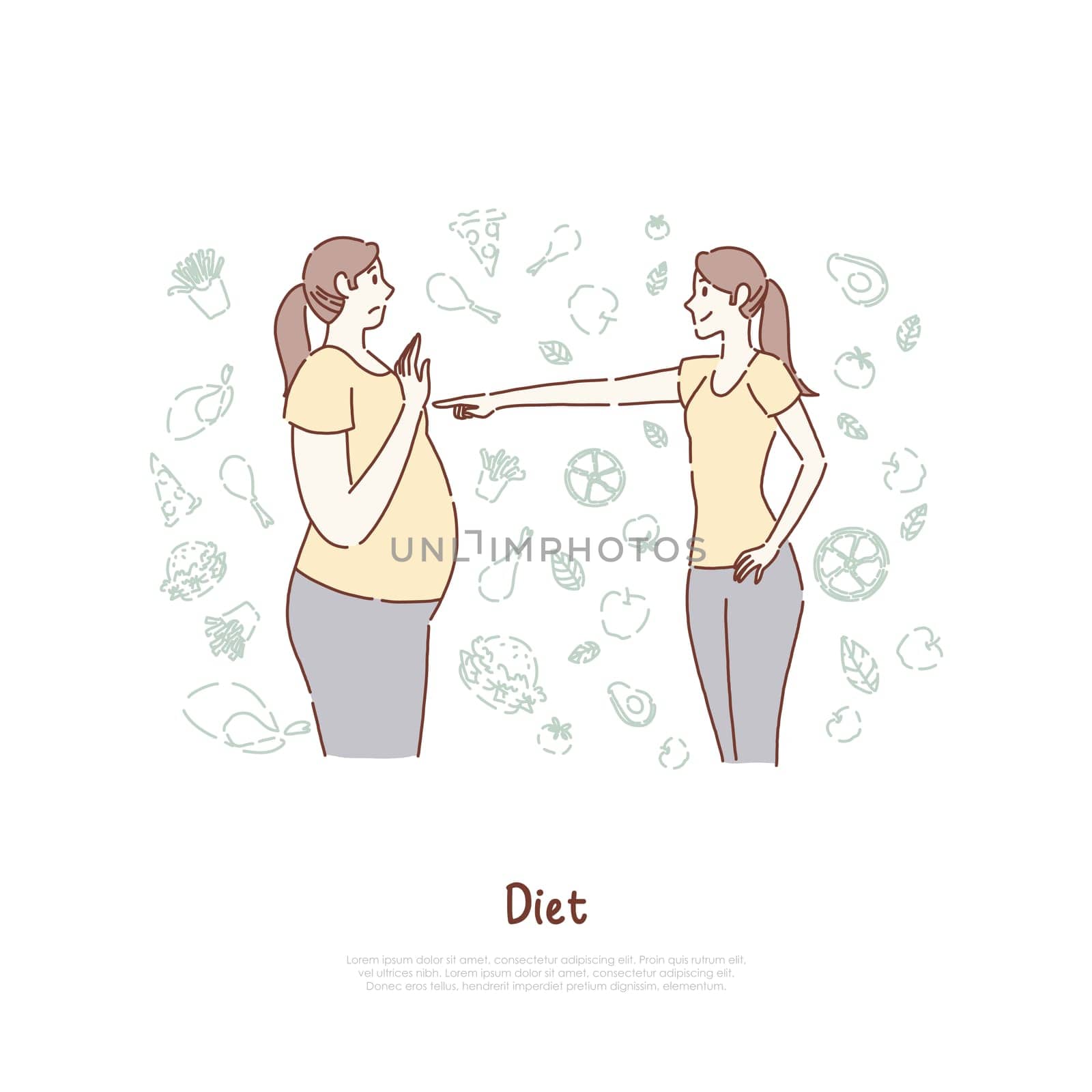 Fat and slim women, before and after, slender girl pointing finger at obese lady, weight loss, wholesome nutrition banner. Diet, healthy lifestyle concept cartoon sketch. Flat vector illustration