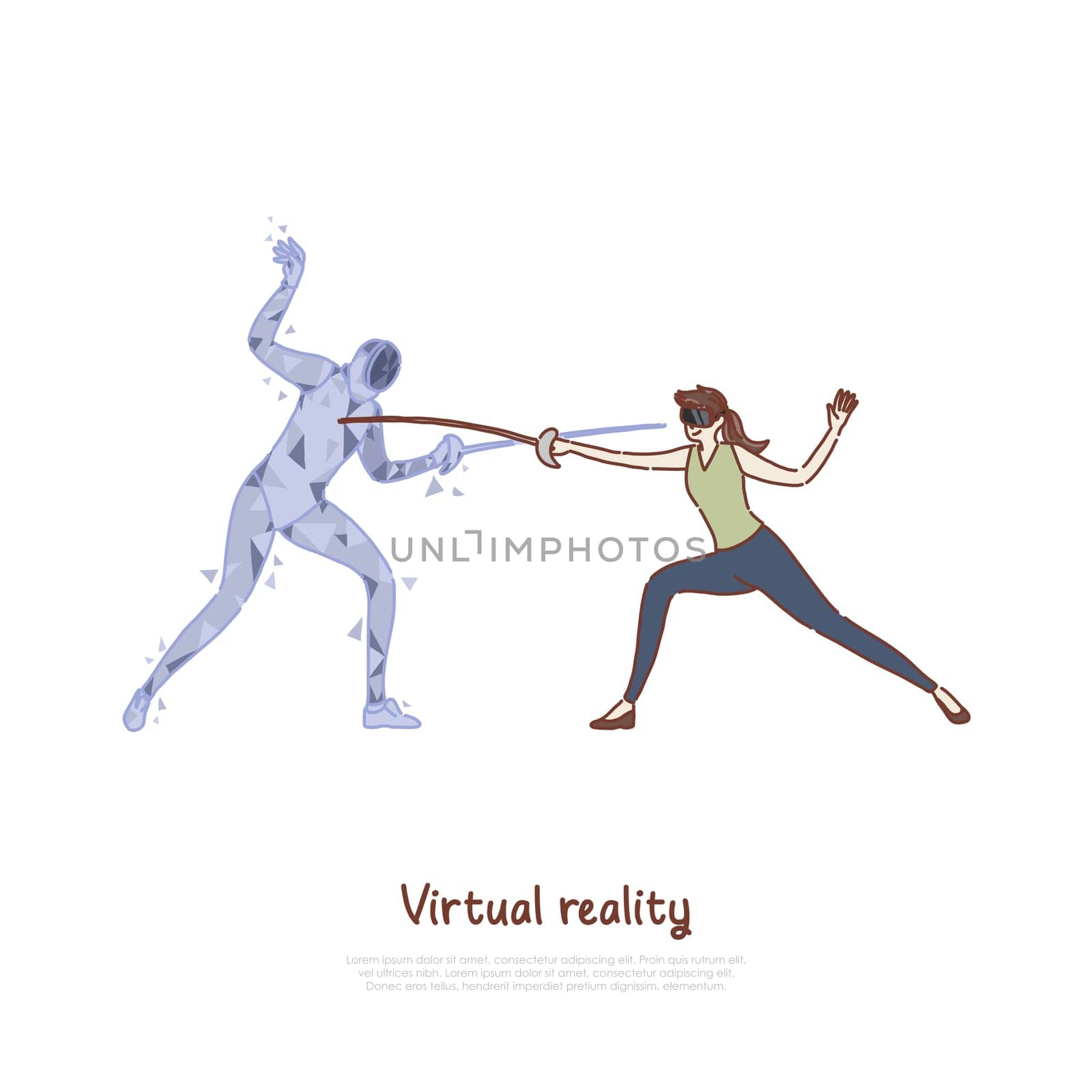 Swordplay simulation, woman in AR headset, fencer hologram holding epee, fighting game, virtual reality banner. VR fencing training, sword duel concept cartoon sketch. Flat vector illustration