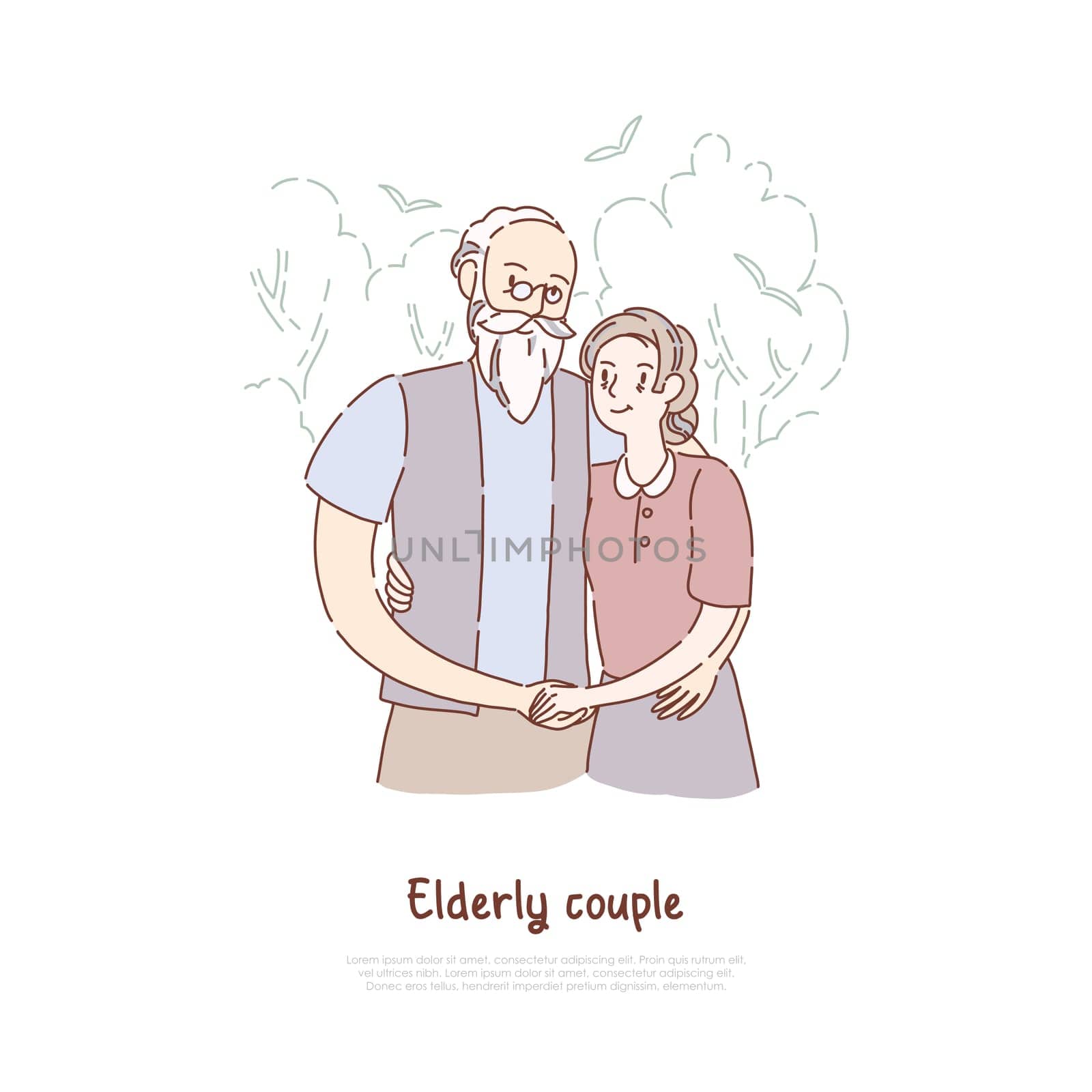 Grandfather and grandmother standing together, elderly couple hugging, old married pair, happy retirement banner. Pensioners pair holding hands concept cartoon sketch. Flat vector illustration