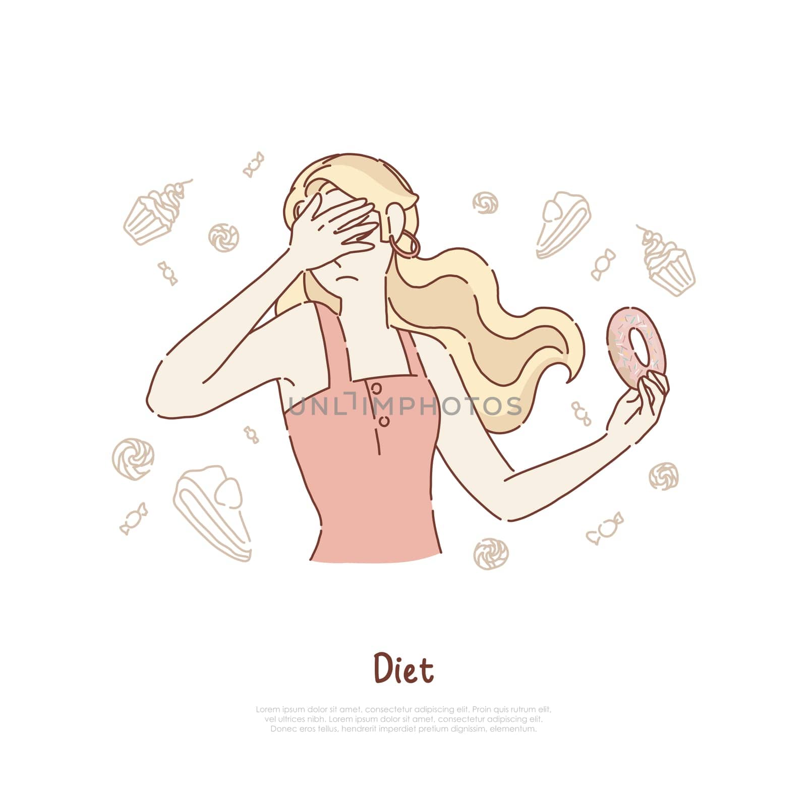 Young woman covers face, girl holding delicious doughnut, junk food refusing, willpower test, diet banner. Self restraint from unhealthy products concept cartoon sketch. Flat vector illustration