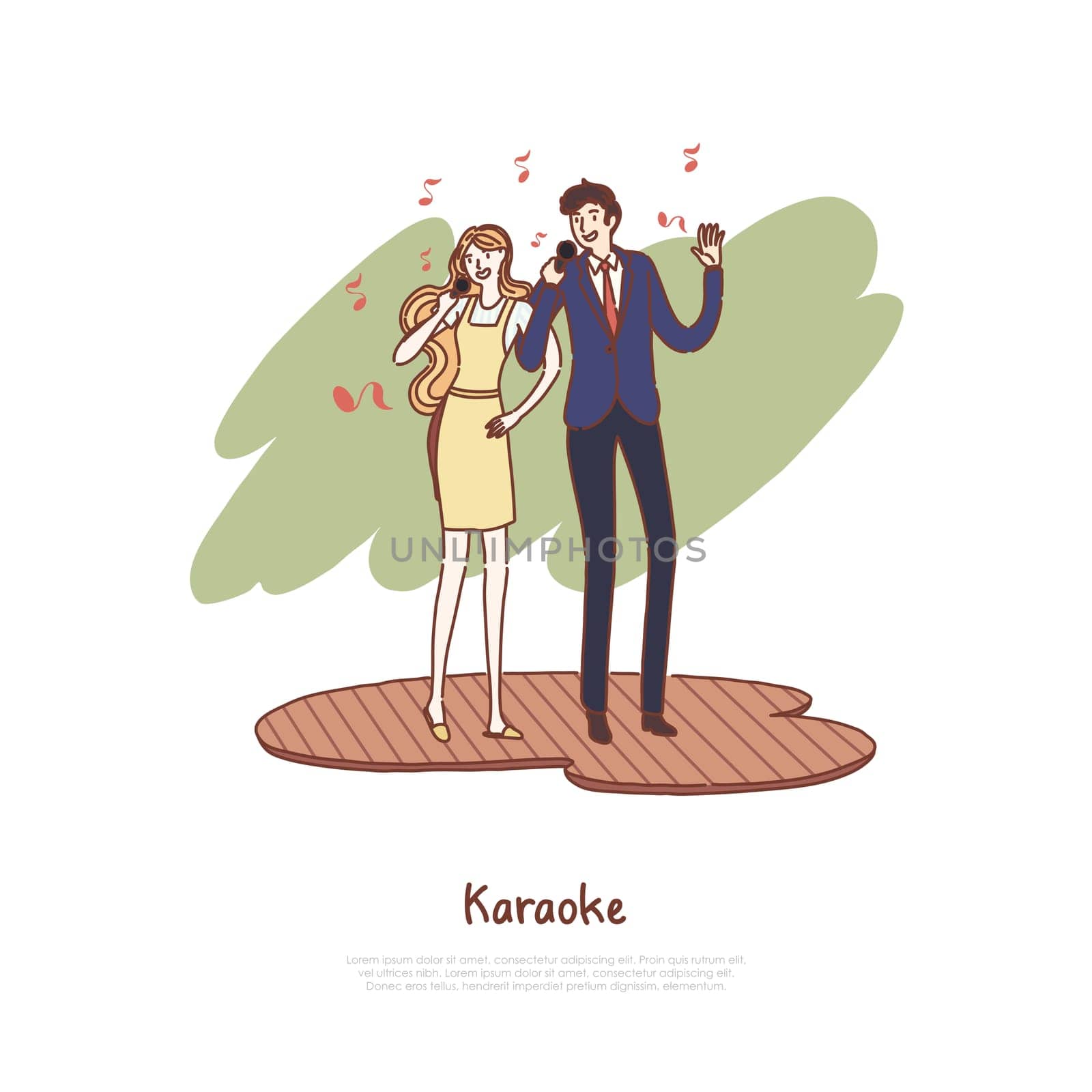 Happy man and woman holding microphones, husband and wife singing duet, musical leisure, date at karaoke club banner. Couple stage performance concept cartoon sketch. Flat vector illustration