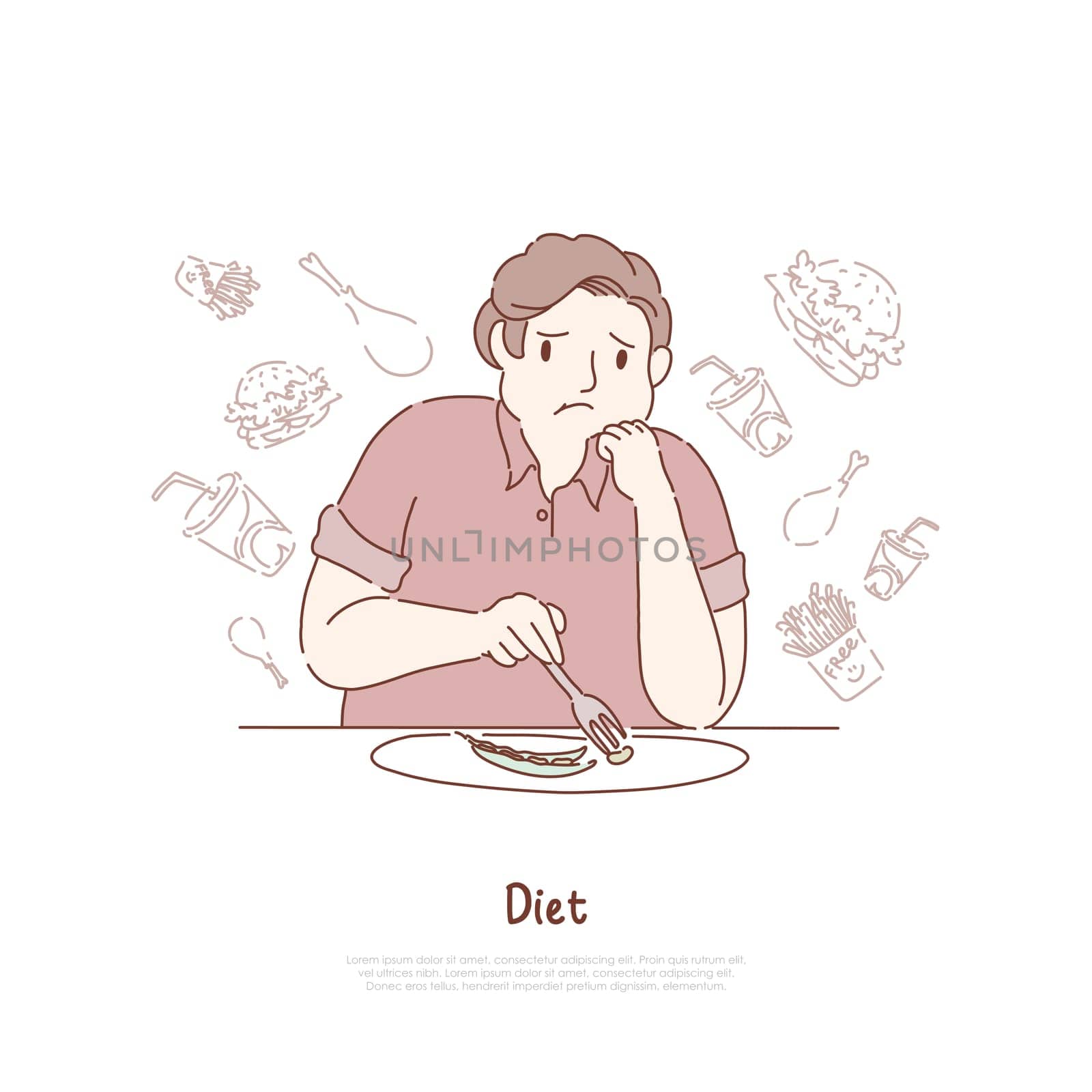 Unhappy obese man eating beans, dreaming about delicious hamburgers and fries, weight loss, healthy nutrition banner. Diet, unhealthy food restriction concept cartoon sketch. Flat vector illustration