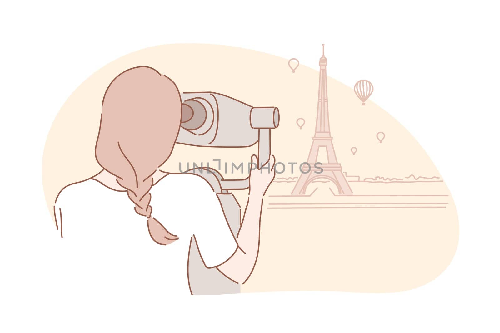 Sightseeng, travel, tourism concept. Young adventurous woman traveller looks at Eiffel tower. Girl tourist is on vacation in Paris. Eiffel tower is famous landmark in europe. Simple flat vector