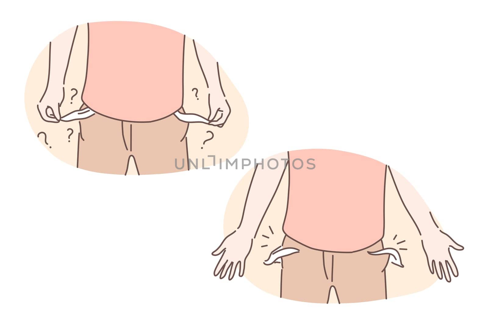 Bankruptcy, thievery, ruin set concept, Young man has ruined with his business. Perplexed boy was robbed by thief. Businessman has no money and is considered as bankrupt. Simple flat vector.