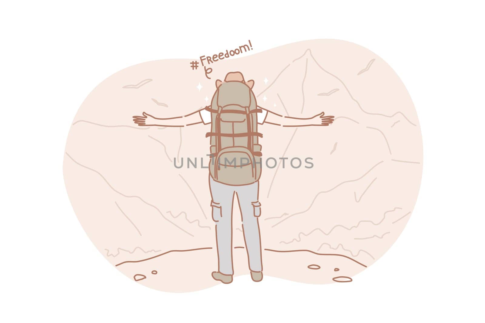 Freedom, travel, hiking concept. Active adventurous man with backpack, boy hiker traveller or explorer standing on top of mountain or cliff, feeling freedom and looking on valley. Simple flat vector
