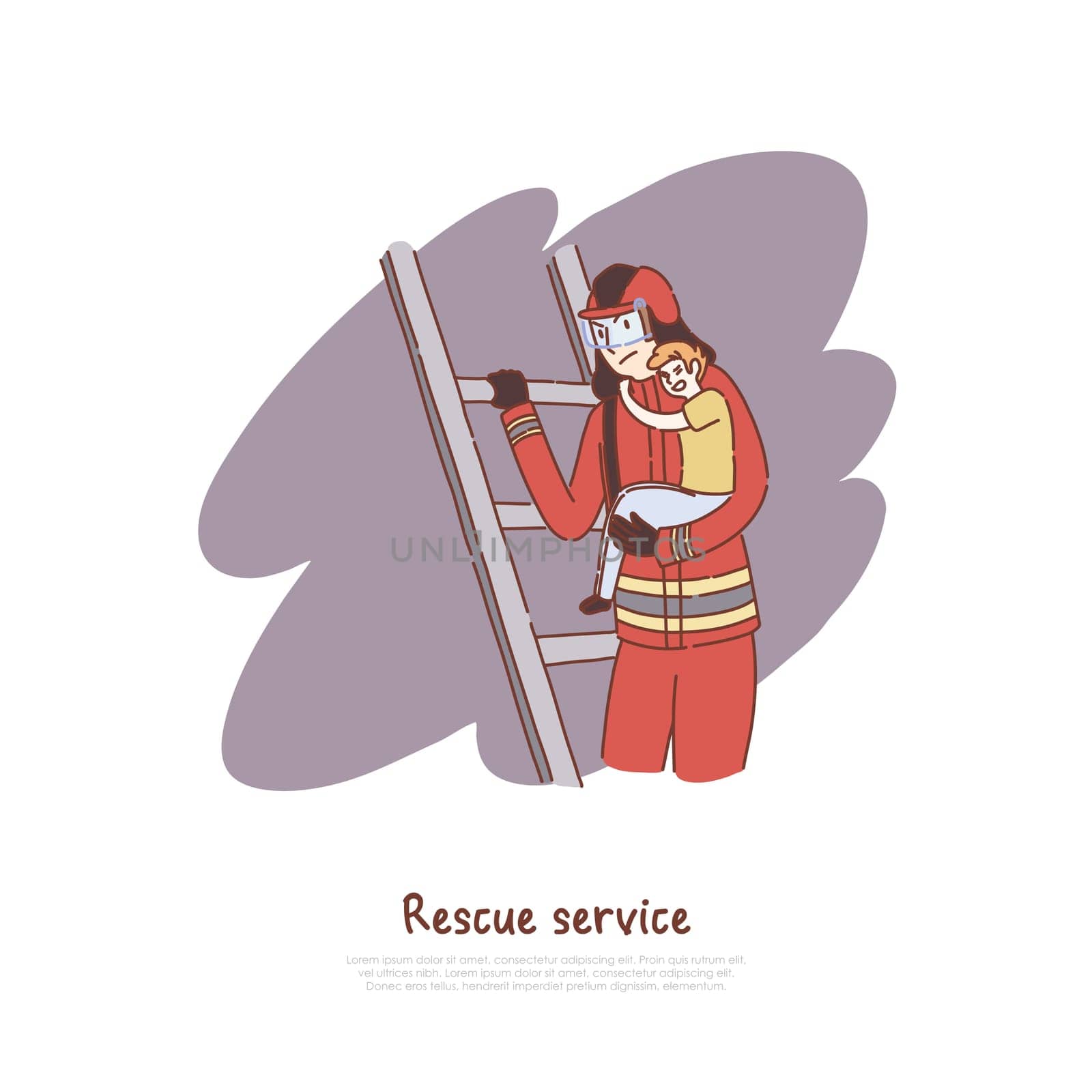 Courageous fireman climbing ladder, fire extinguisher helping little scared boy, firefighting service banner. Firefighter with kid on staircase concept cartoon sketch. Flat vector illustration