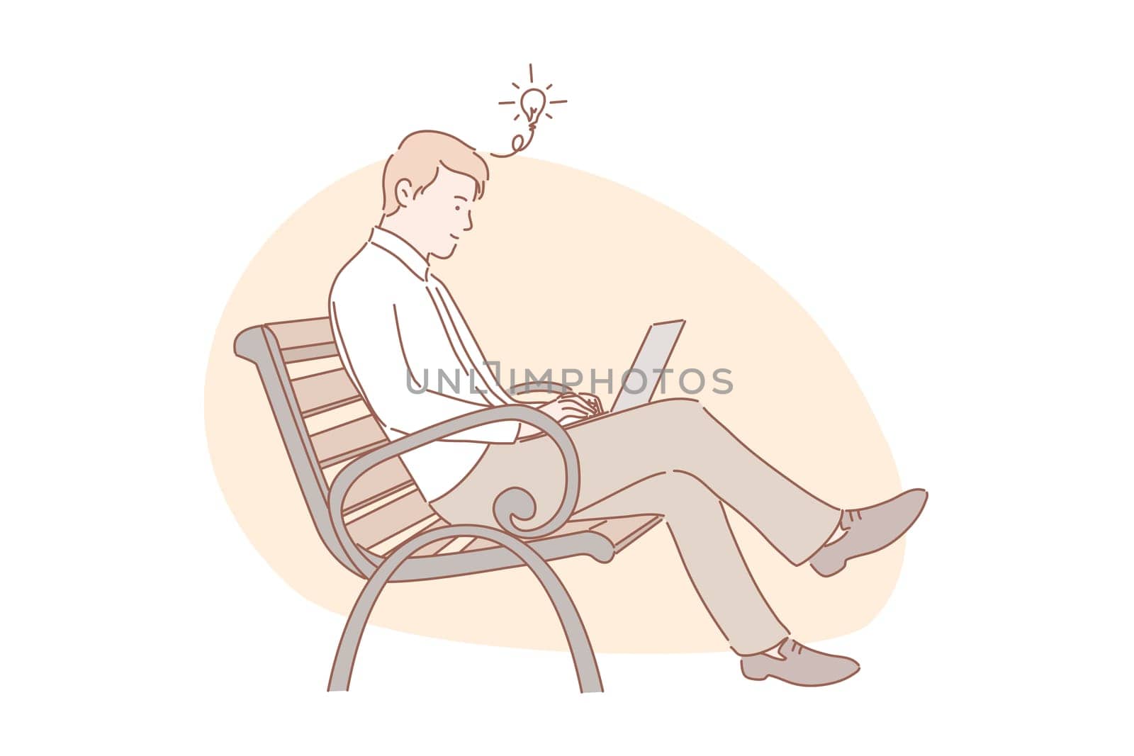 Idea, freelance, remote working concept. Young cheerful man does remote working on laptop. Happy boy got idea, while studying online and sitting on bench. Freelance is profitable business.