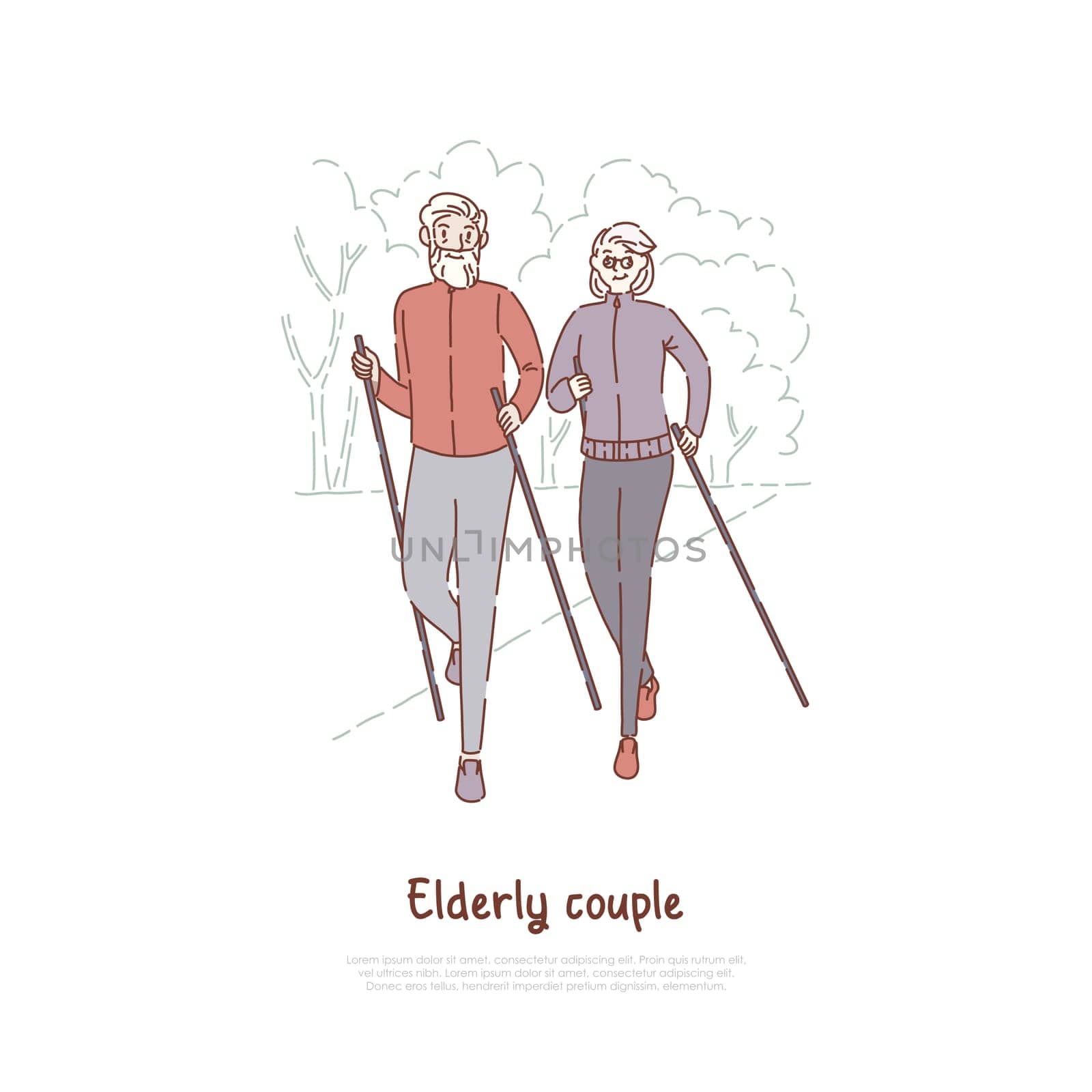 Elderly couple on stroll, fitness, sport exercise, married seniors pair outdoor recreation, active retirement banner. Healthy lifestyle, nordic walk concept cartoon sketch. Flat vector illustration