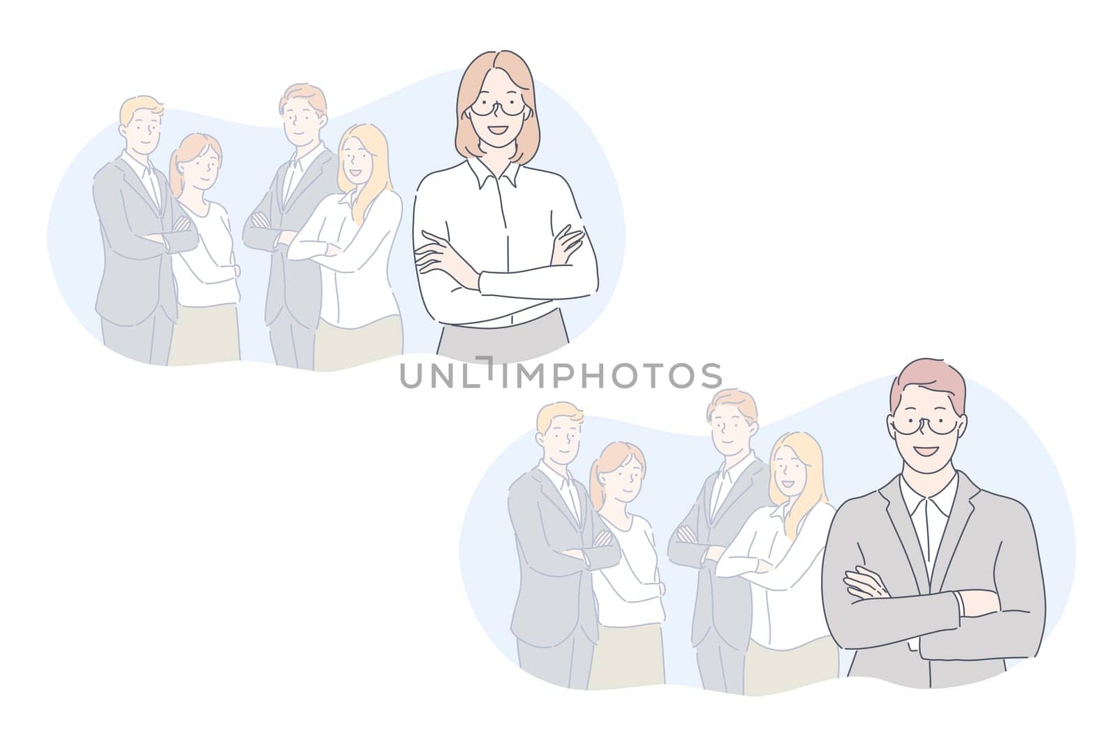 Team, leader, coworking set concept. Businessman and businesswoman leaders are standing in front of team. Boy and girl took leadership over employees. Business people do coworking with teammates.