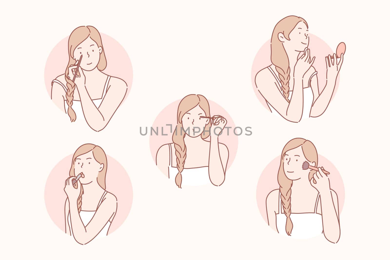 Makeup, beauty, cosmetology set concept. Young woman prepares for date and wants to look beautiful. Girl does makeup and uses cosmetics eyeliner, mascara, lipstick, powder, sponge. Simple flat vector