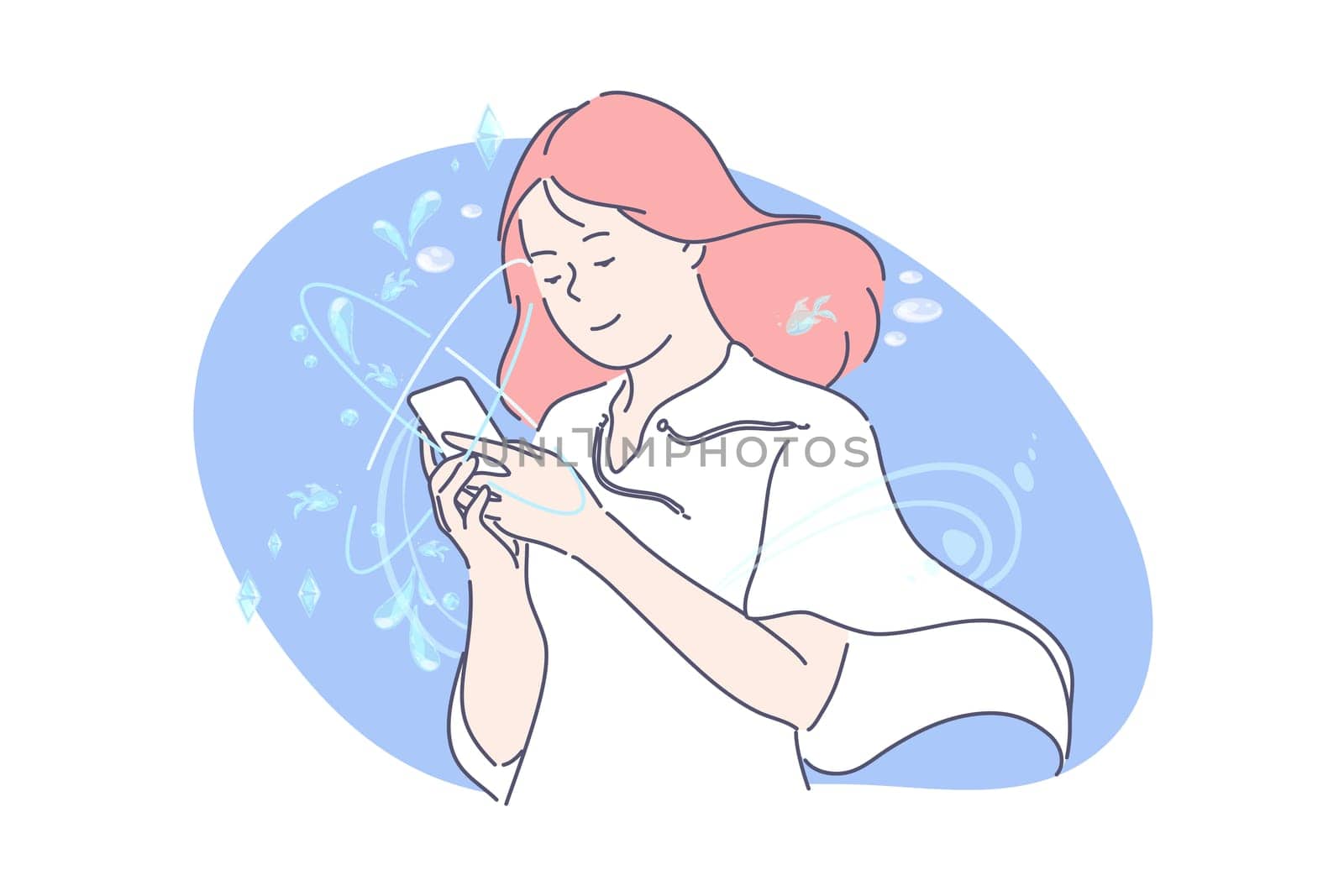 Social network or smm concept. Happy woman blogger communicates in social media. Young girl is addicted to social networks. Student uses mobile phone for typing messages. Simple flat vector