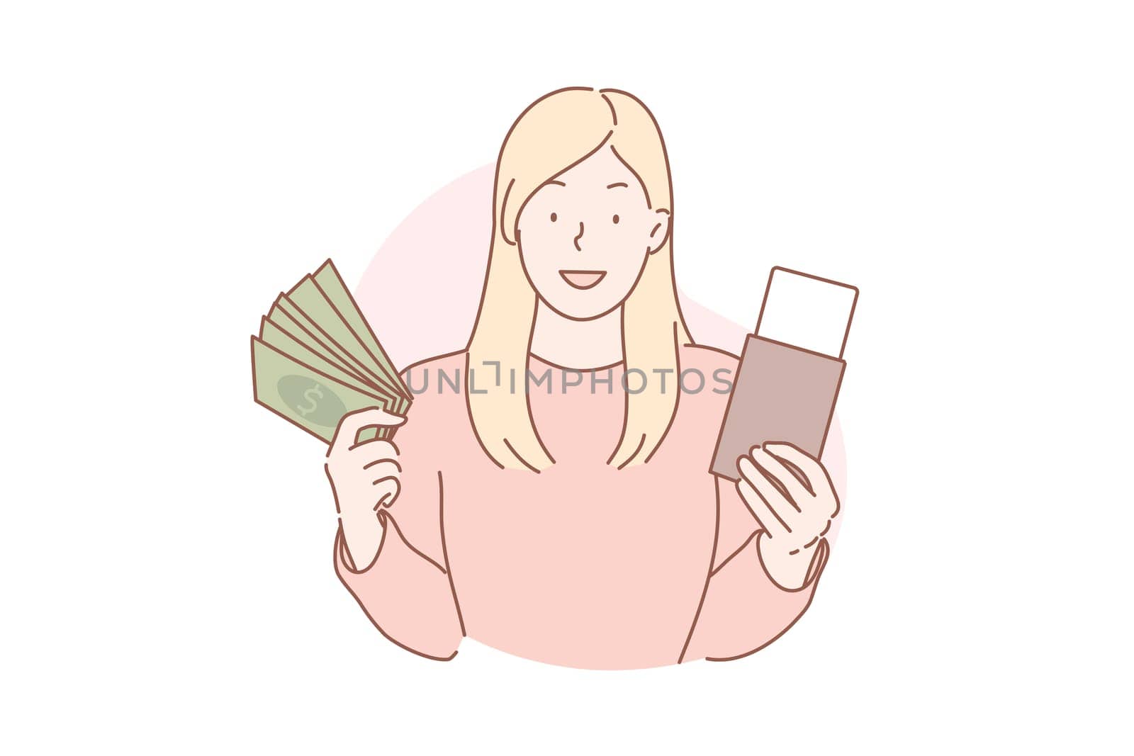 Travelling, vacation, tourism concept. Young woman tourist bought flight ticket, goes to travel abroad. Adventurous girl traveler flies with tickets to other country on vacation. Simple flat vector