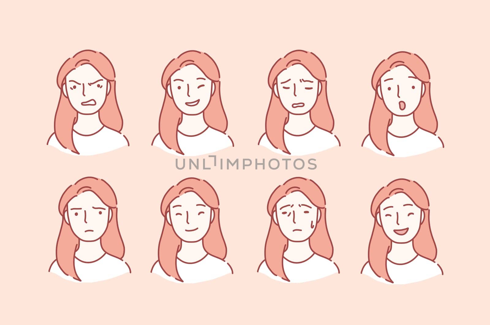 Beautiful woman portrait with different facial expressions set isolated on background. Young girl smiling, happy, kind, greeting emotion happy, anger, laugh, surprise, cheerful, angry, unhappy, joy, sad face vector character. Set of woman s emotions. Facial expression. Cartoon flat Design Isolated Vector Illustration