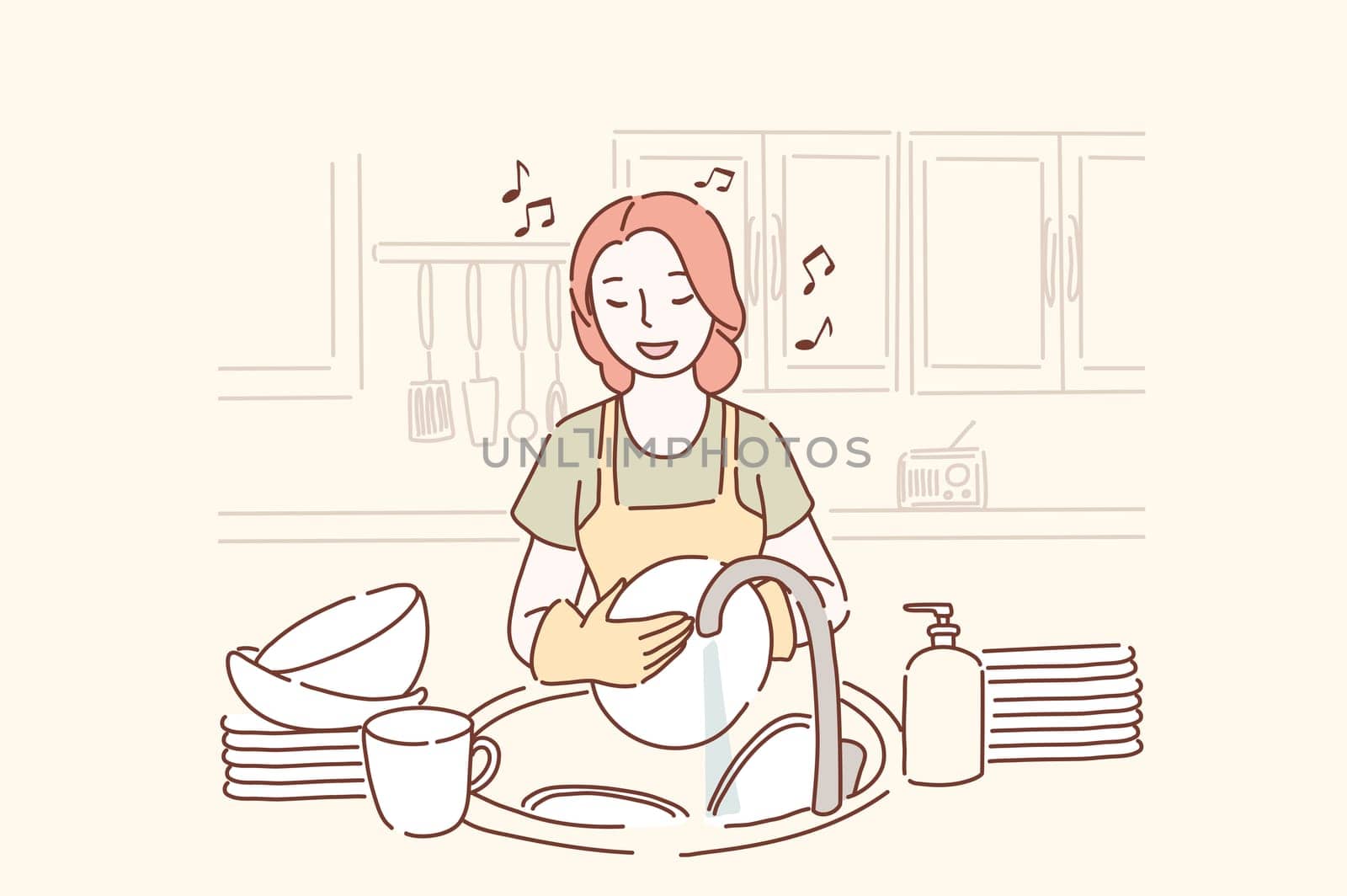 Young woman washing dishes and listening to music in the kitchen in a good mood. Cheerful girl doing cleaning and singing a song at home. Cartoon flat Design, Isolated Vector Illustration.
