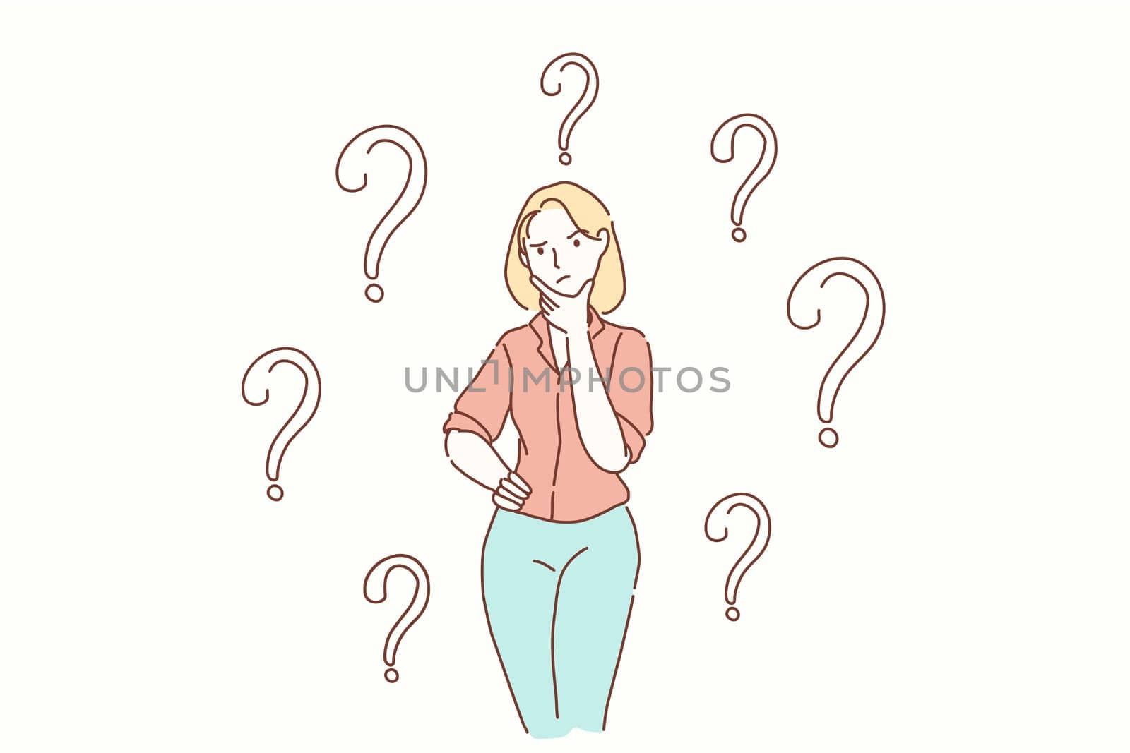 Thoughtful serious young woman looking away with hand on chin feeling doubt isolated, millennial girl with unsure face thinking of question considering uncertain about making decision on blank background. Cartoon flat Design, Isolated Vector Illustration.