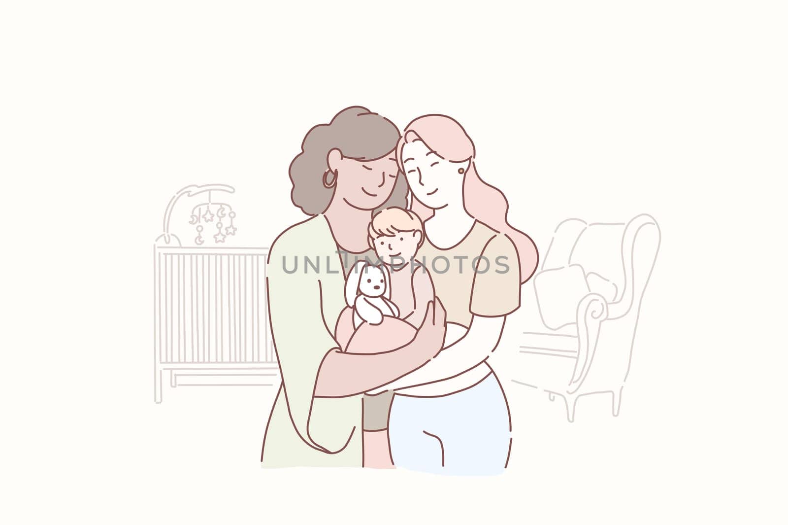 Lovely lesbian family. Two adult women and small baby standing together in the children s room at home. Wife and wife together holding infant. Gay parents with child. Homosexual couple with baby. Cartoon flat Design, Isolated Vector Illustration.