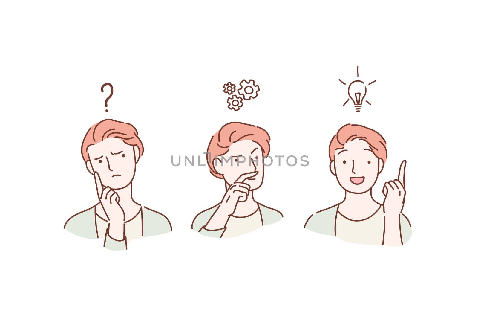 Thoughtful serious young man with hand on him feeling doubt isolated, thinks and finds a solution. Brainstorm concept. Businessman planning. Cartoon flat Design, Isolated Vector Illustration.