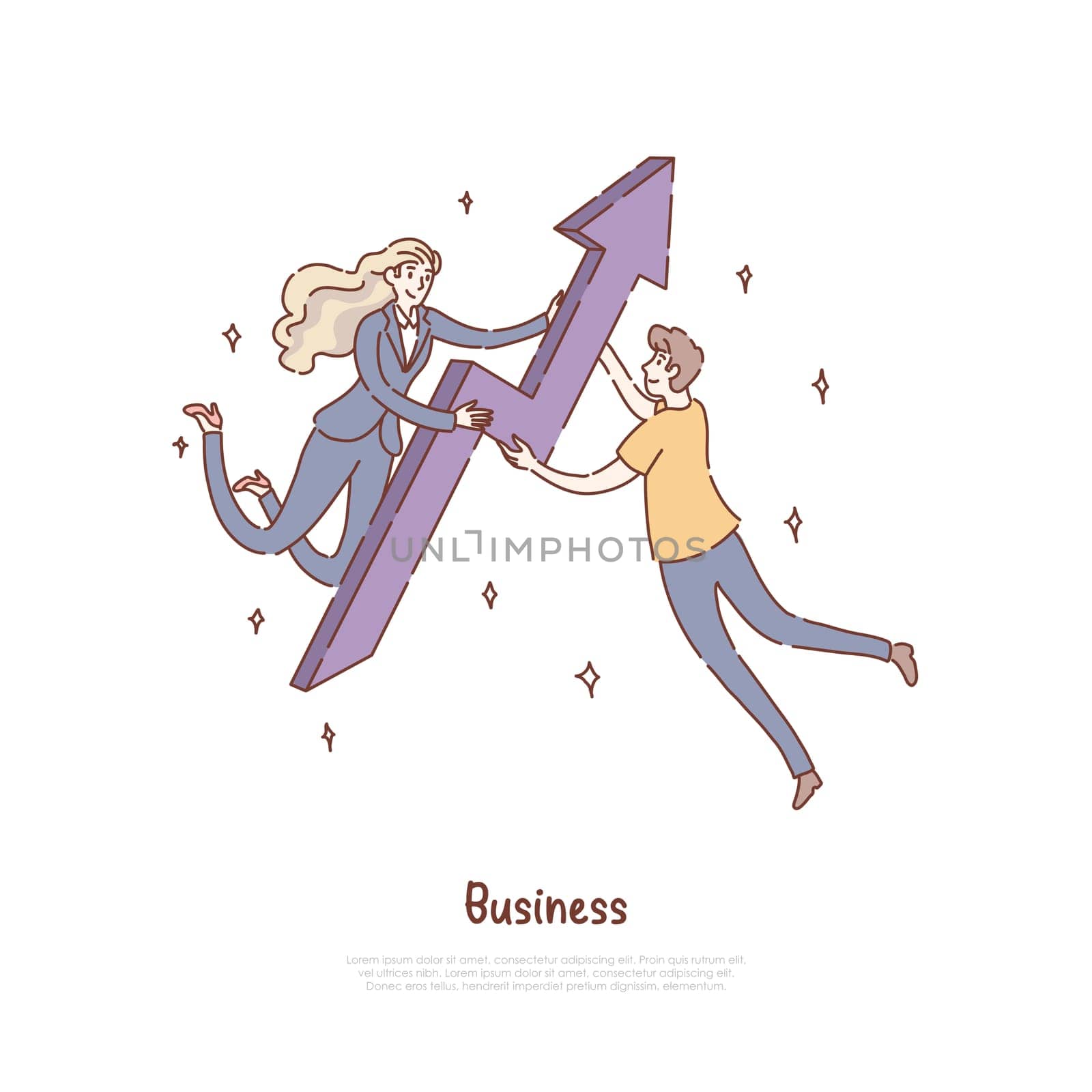Businesswoman and man working together, career success, promotion metaphor, business partnership banner. Teamwork improvement, profit growth concept cartoon sketch. Flat vector illustration