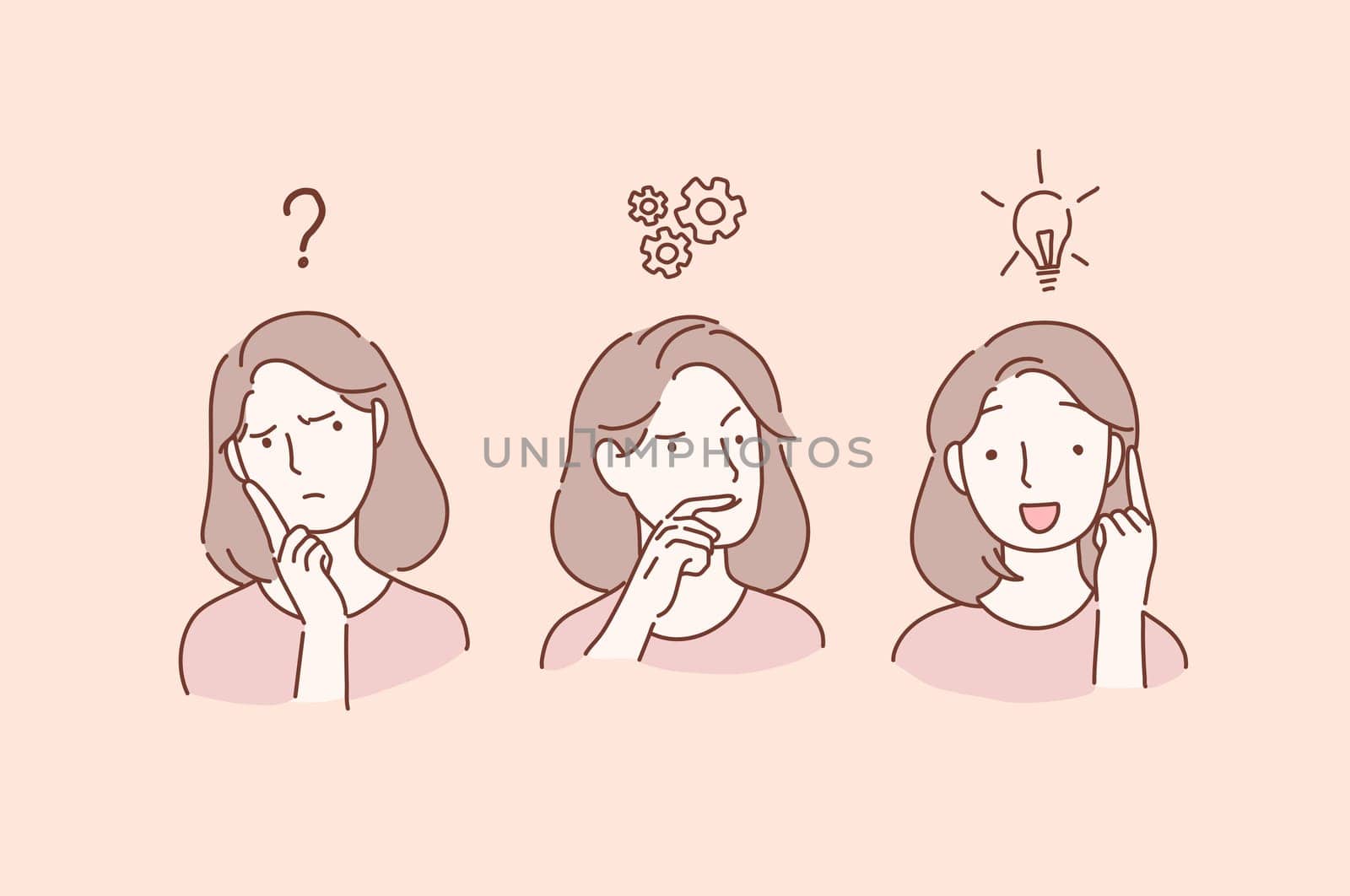 Thoughtful serious young women with hand on him feeling doubt thinks and finds a solution. Brainstorm concept. Businesswoman planning. Cartoon flat Design, Isolated Vector Illustration.