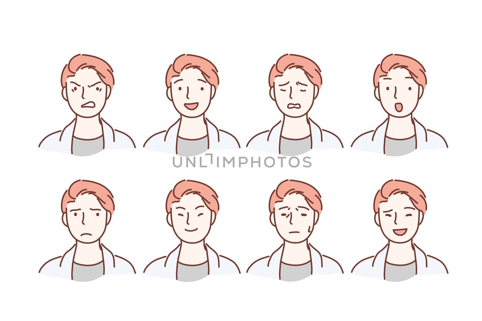 Handsome guy portrait with different facial expressions set isolated on background. Young boy smiling, happy, kind, greeting emotion happy, anger, laugh, surprise, cheerful, angry, unhappy, joy, sad face vector character. Set of men's emotions. Facial expression. Cartoon flat Design Isolated Vector Illustration