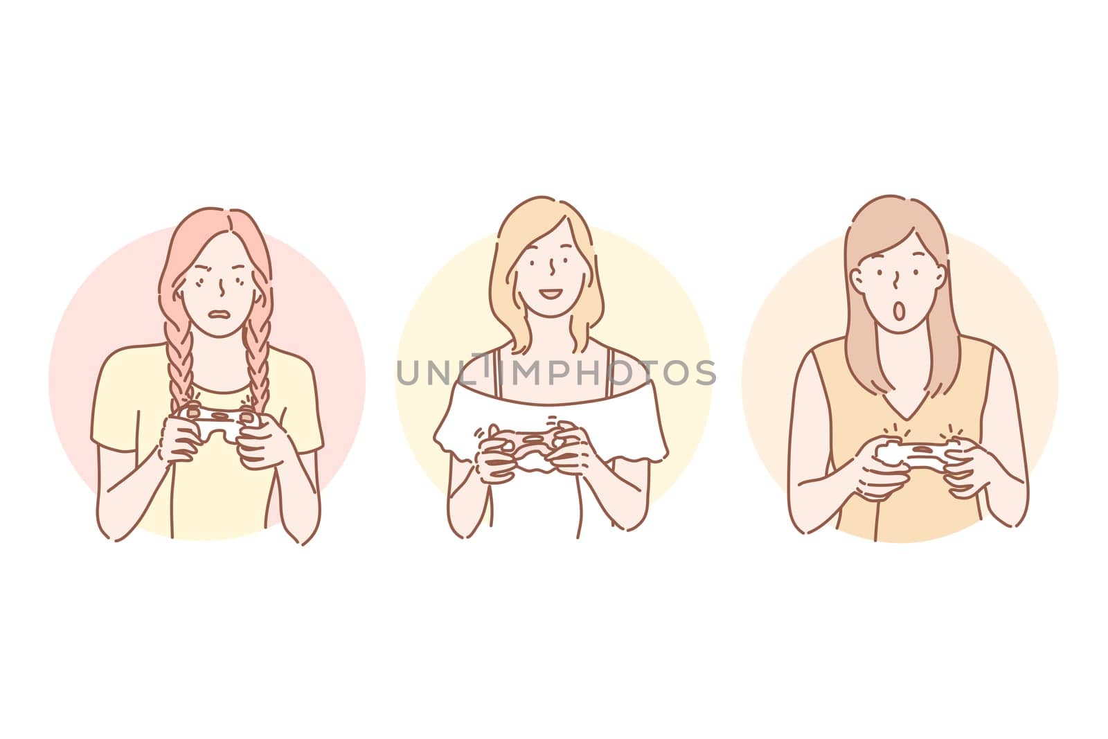 Gamer, playing, addiction set concept. Happy cheerful woman plays video games at console. Surprised girl is addicted to gaming. Angry irritated player can not complete game level. Simple flat vector