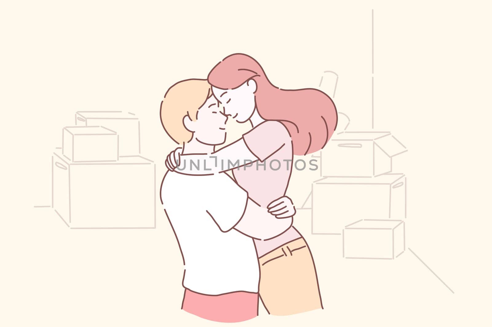 Excited couple celebrating moving day, man lifting embracing happy woman. Husband hugging delighted wife enjoying relocation starting living together. standing among the boxes happy to move into a new home. Cartoon flat Design, Isolated Vector Illustration.
