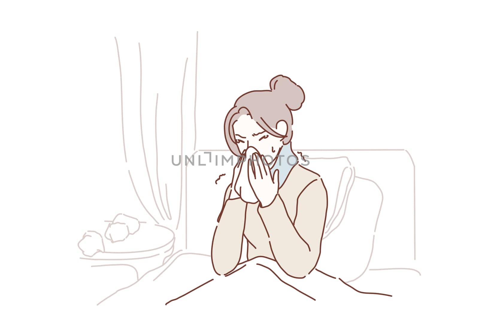 Ill young woman caught cold sneezing in tissue at home, sick allergic girl blowing wiping running nose got flu rhinitis sinusitis coughing, having seasonal allergy symptoms at workplace in bed at home or hospital. Cartoon flat Design, Isolated Vector Illustration.