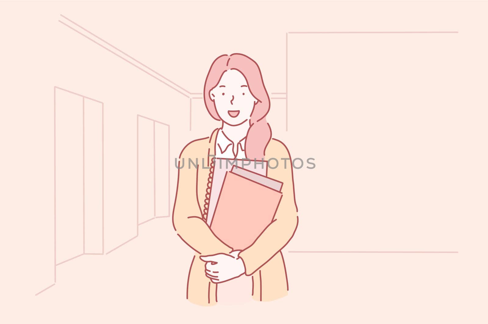 Happy young gentle pleasant teacher holds a notebook at hands at school or College. Successful businesswoman at the office. Cartoon flat Design Isolated Vector illustration