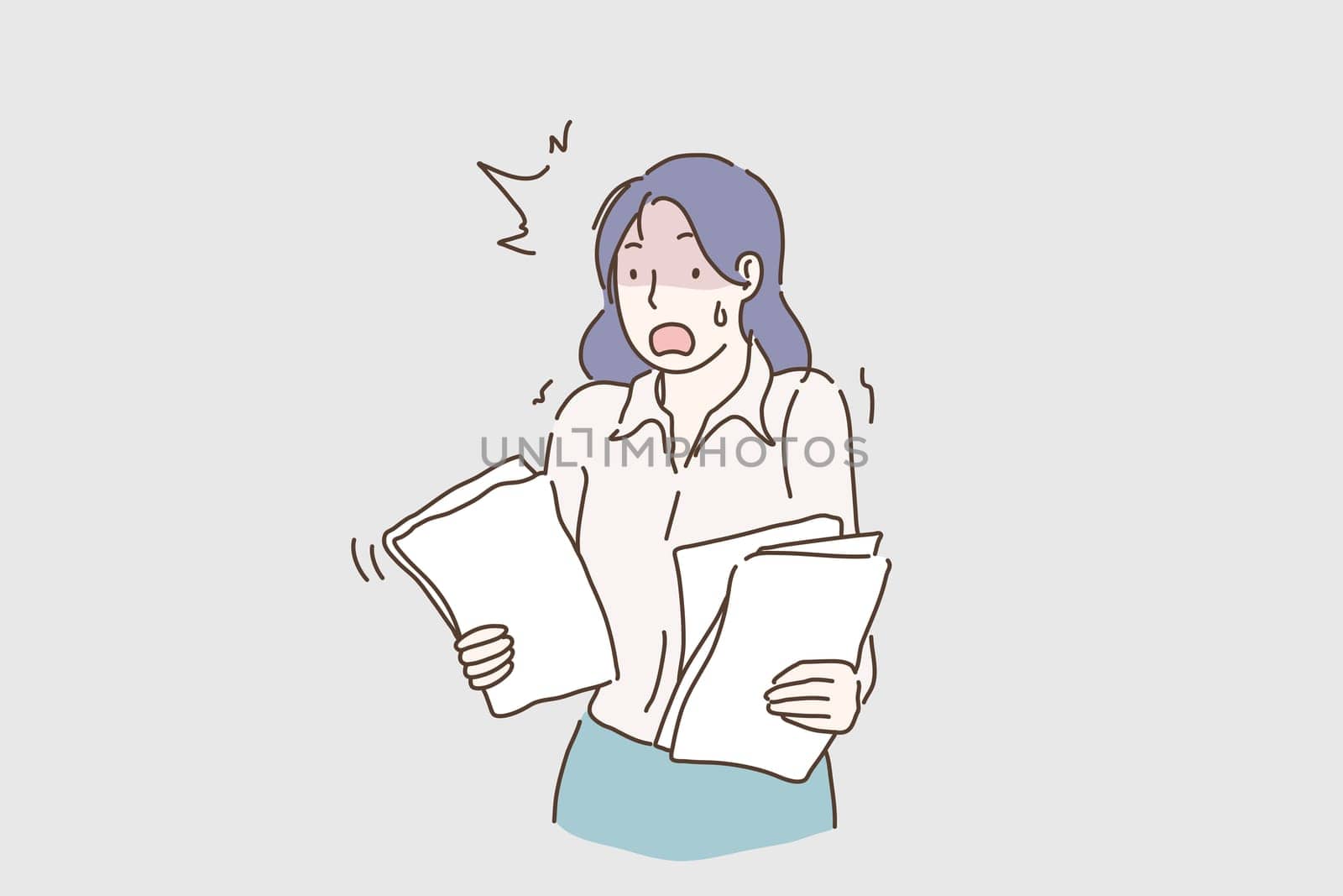 Young desperate and stressed business woman working overwhelmed holding paperwork looking crazy and anxious in job crisis and stress. Emotional business lady shouting. Hard stressful workday in the office. Cartoon flat Design, Isolated Vector Illustration.