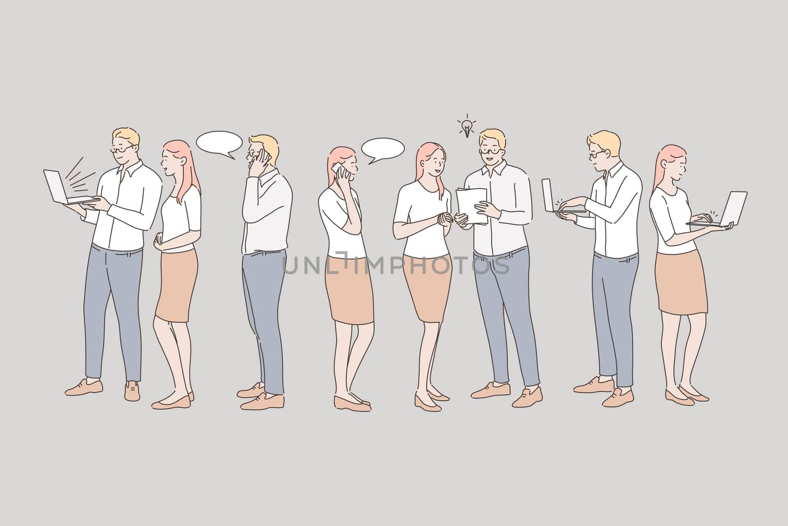 Business, communication, coworking set concept. Man and woman did teamwork and make brainstorming. Boy and girl do coworking on laptop. Business people communicate with each other. Simple flat vector