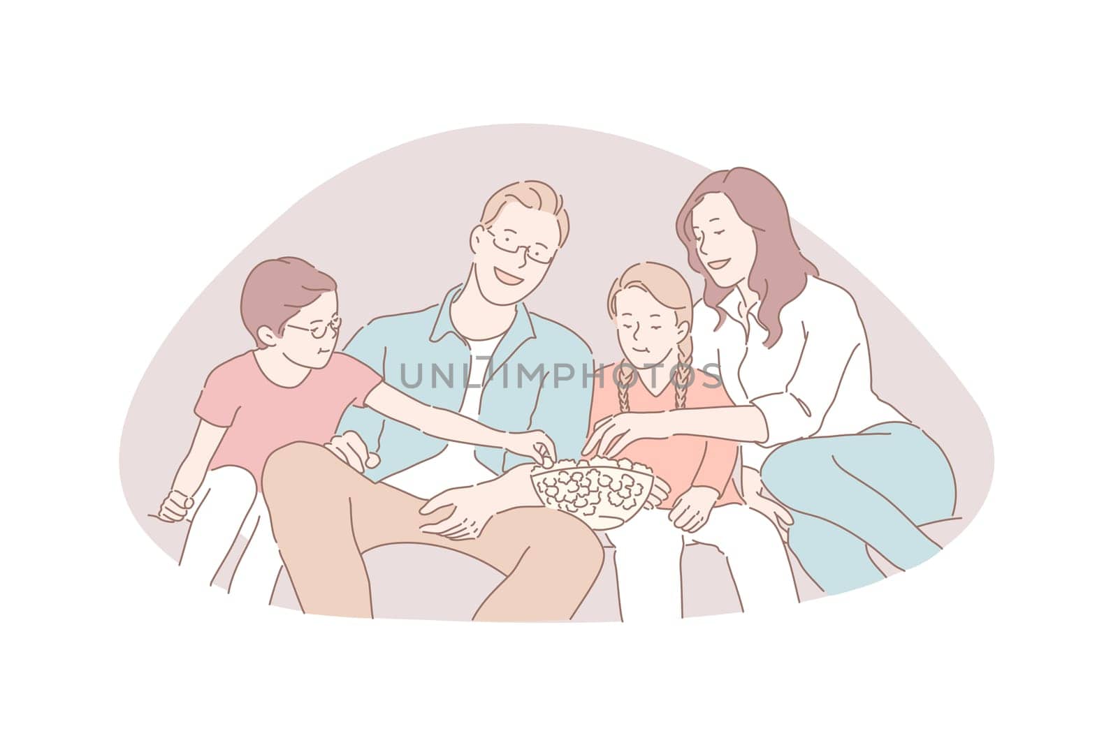 Family recreation, movie night, traditional values concept. Couple with little children watching TV and eating popcorn, happy parents and kids spend time together. Simple flat vector
