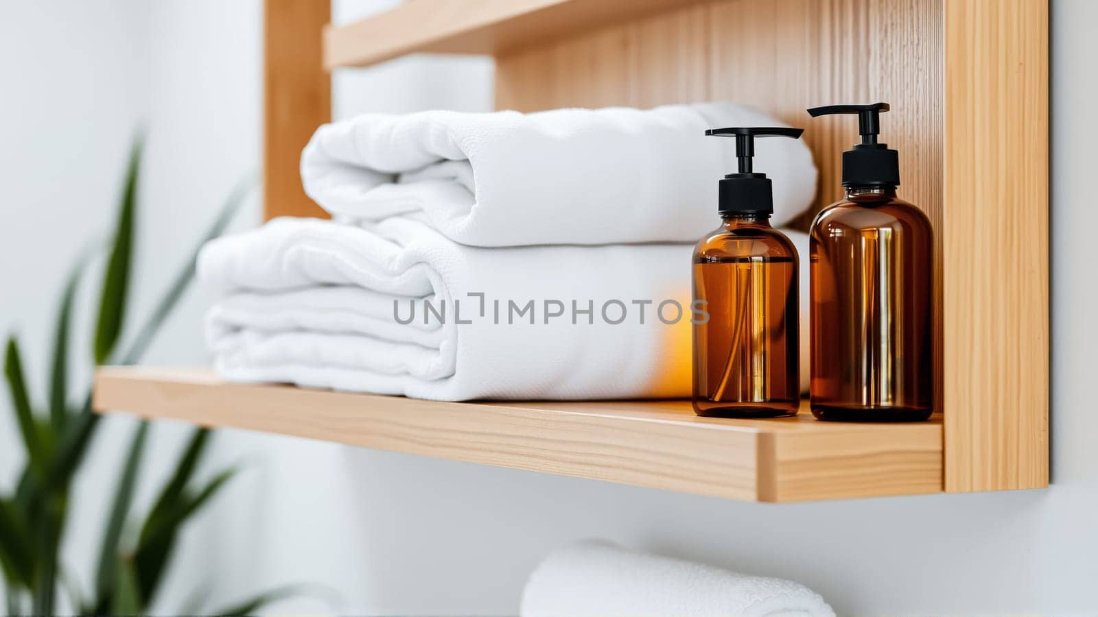 Spa treatment set, wooden shelf with neatly folded towels and dispensers for soap, cream, massage oil. High quality photo