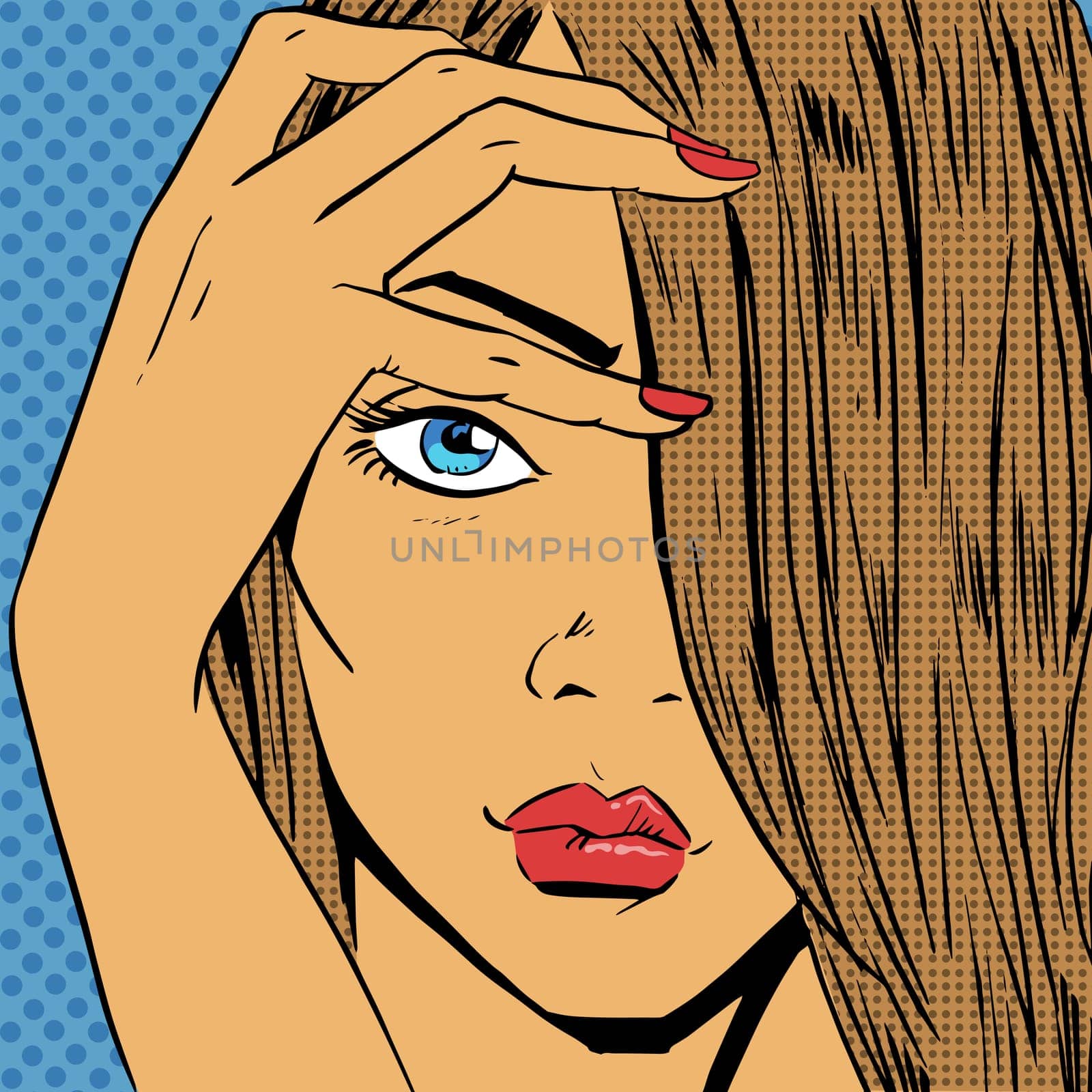 Face the girl looks beautiful pop art comics retro style Halftone. Imitation of old illustrations