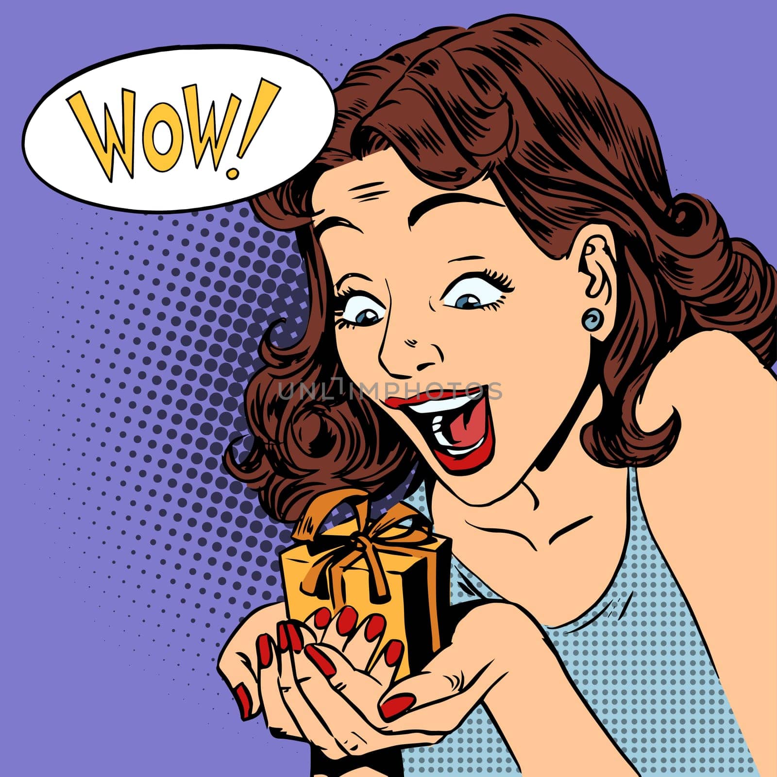 The woman is glad to get a gift wow pop art comics retro style Halftone. Imitation of old illustrations. Emotion is the reaction of the holiday