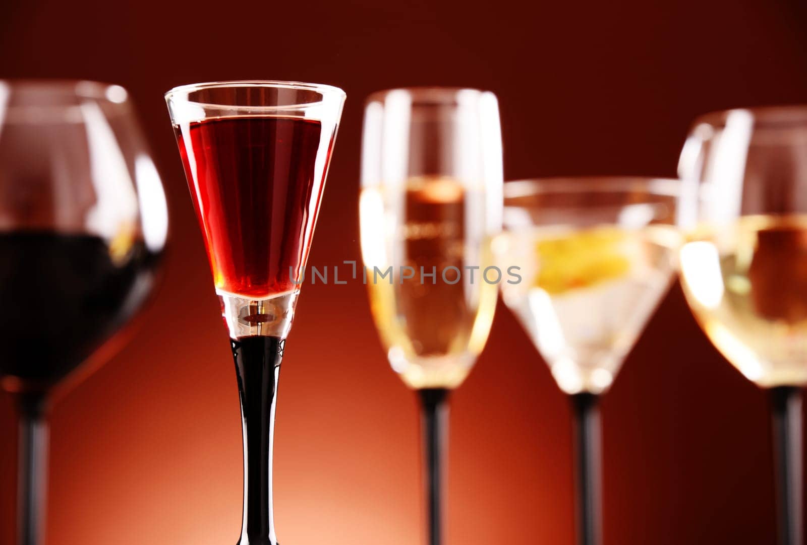 Glasses with assorted alcoholic beverages