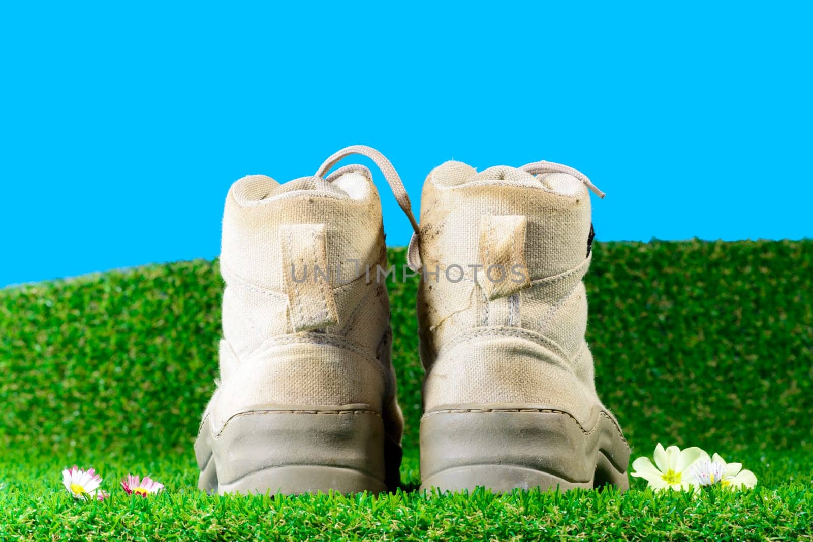 hiking shoes on grass with blue sky